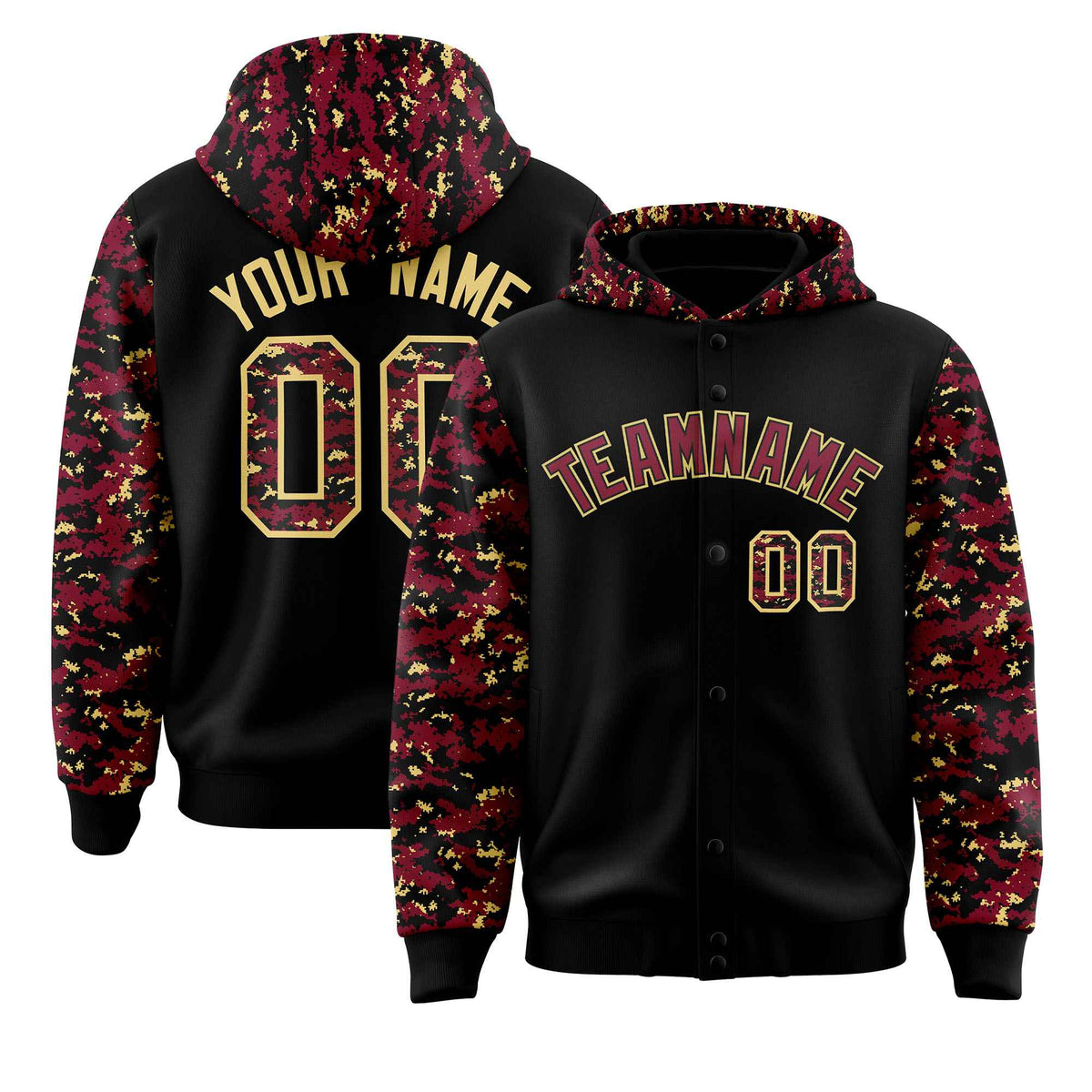 Custom Black Crimson-Khaki Raglan Sleeves Varsity Full-Snap Letterman Camo Jacket Hoodie| KXKSHOP