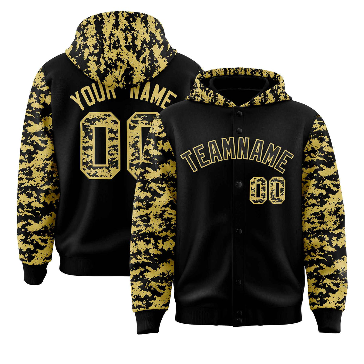 Custom Black Old Gold- Raglan Sleeves Varsity Full-Snap Letterman Camo Jacket Hoodie| KXKSHOP