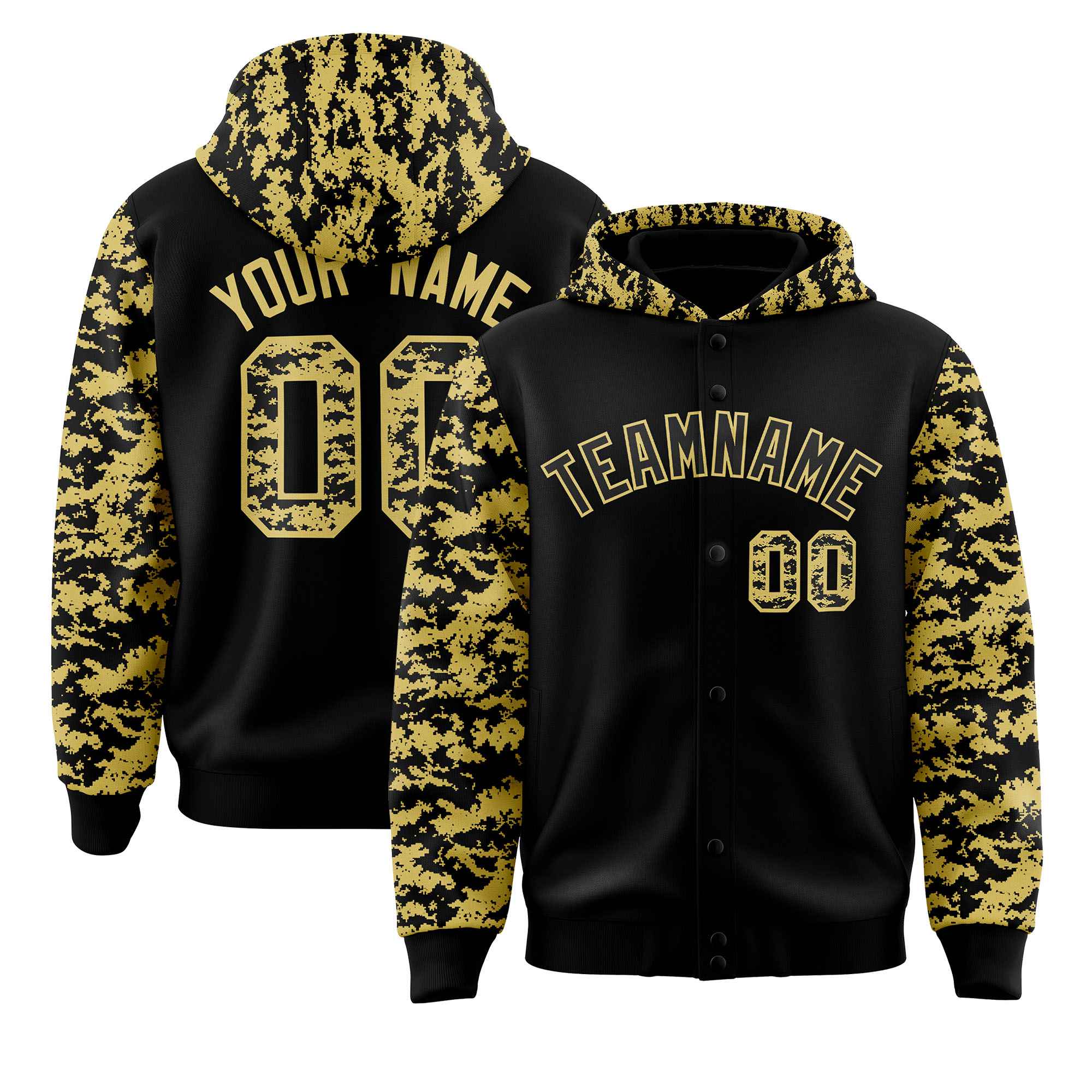 Custom Black Old Gold- Raglan Sleeves Varsity Full-Snap Letterman Camo Jacket Hoodie| KXKSHOP
