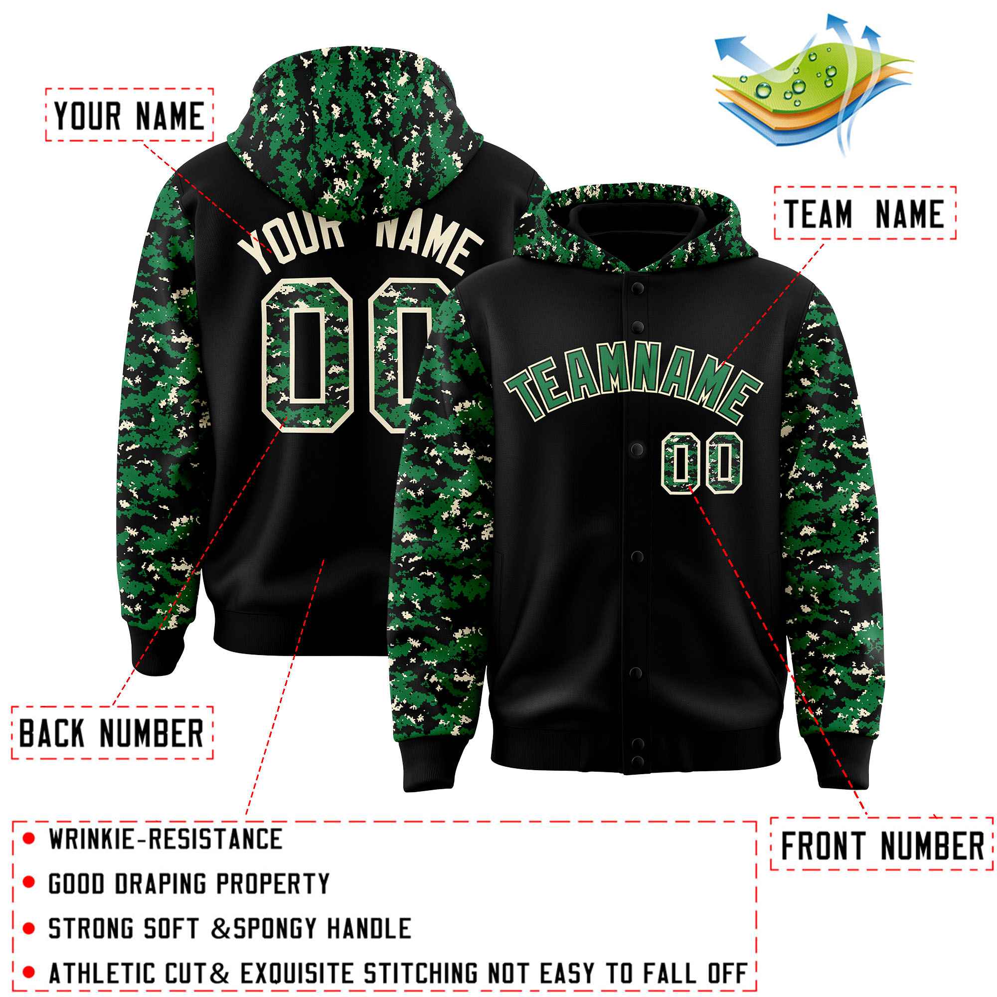 Custom Black Kelly Green-Cream Raglan Sleeves Varsity Full-Snap Letterman Camo Jacket Hoodie| KXKSHOP