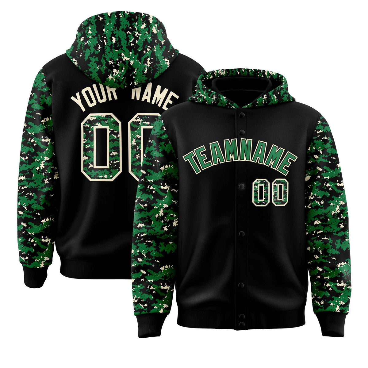 Custom Black Kelly Green-Cream Raglan Sleeves Varsity Full-Snap Letterman Camo Jacket Hoodie| KXKSHOP