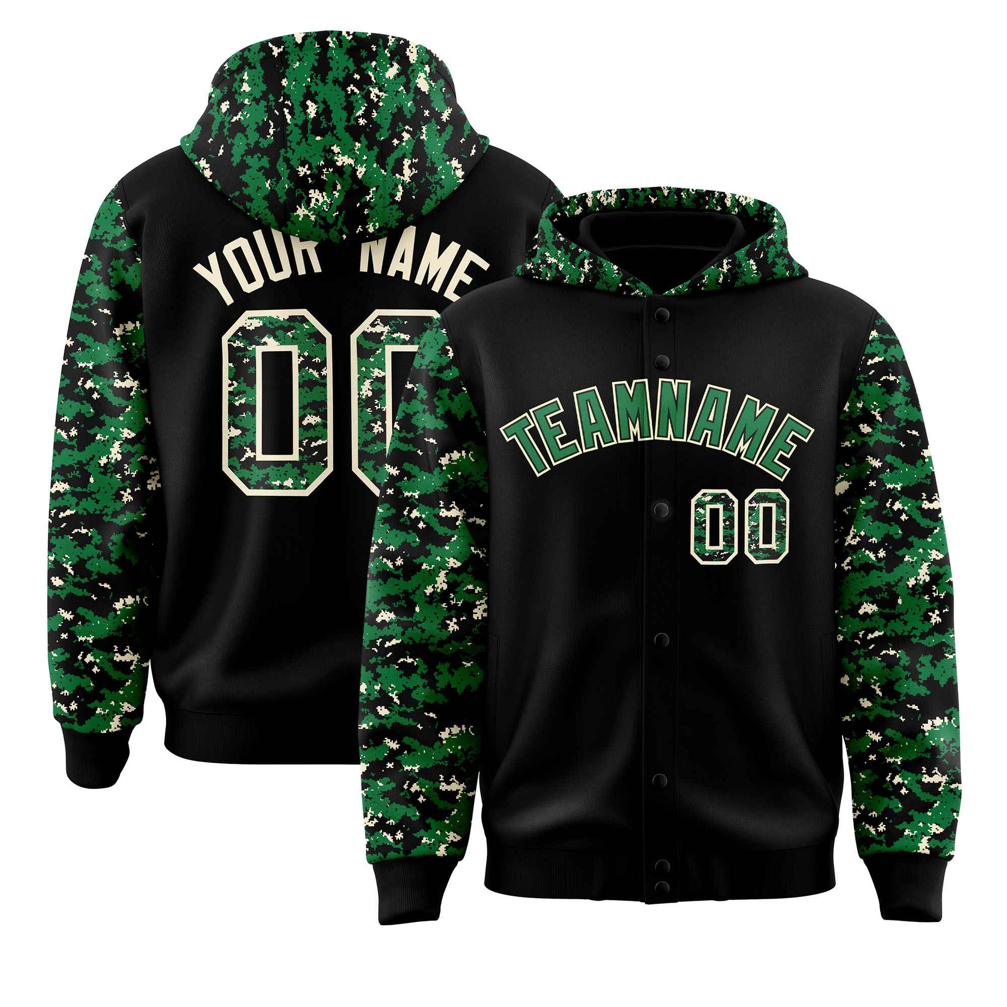 Custom Black Kelly Green-Cream Raglan Sleeves Varsity Full-Snap Letterman Camo Jacket Hoodie| KXKSHOP