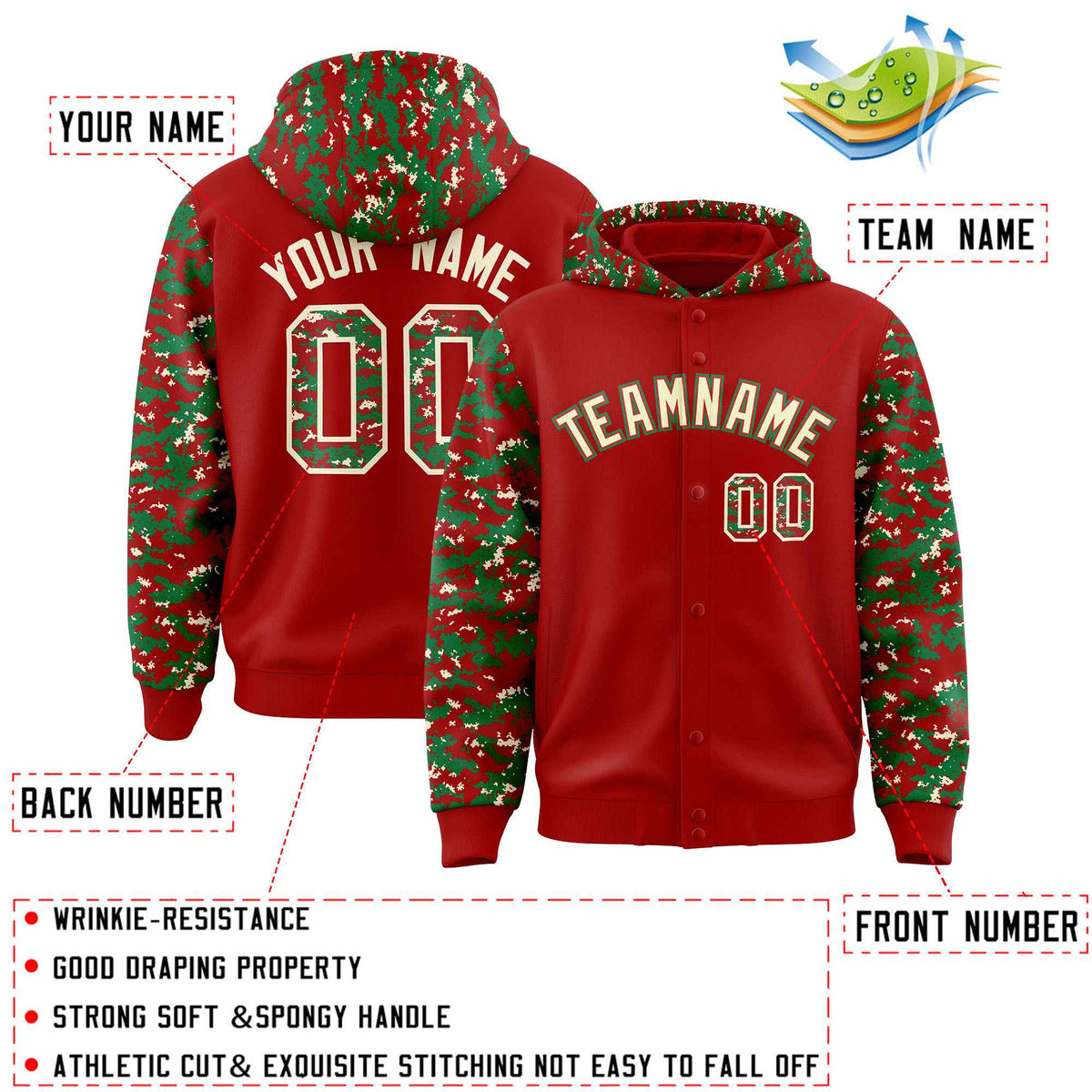 Custom Red Kelly Green-Cream Raglan Sleeves Varsity Full-Snap Letterman Camo Jacket Hoodie| KXKSHOP