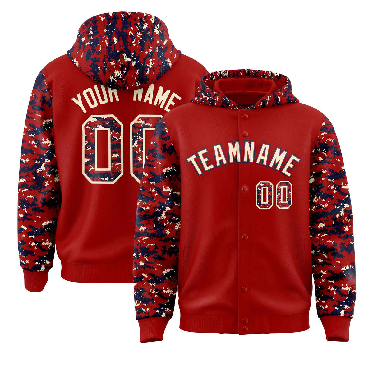 Custom Red Navy-Cream Raglan Sleeves Varsity Full-Snap Letterman Camo Jacket Hoodie| KXKSHOP
