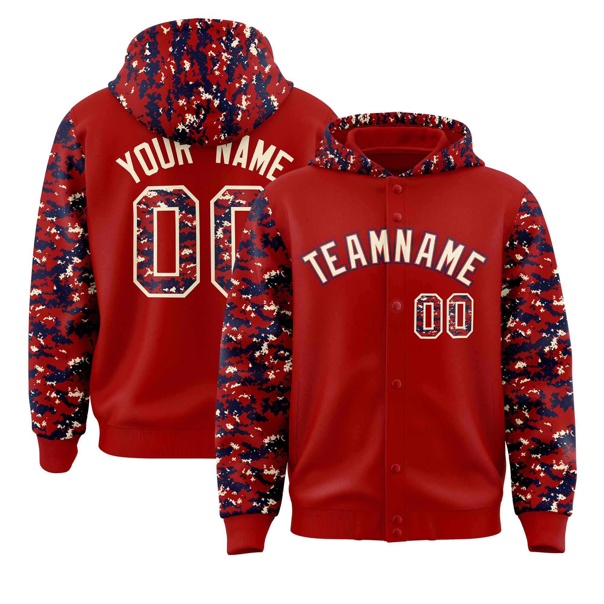 Custom Red Navy-Cream Raglan Sleeves Varsity Full-Snap Letterman Camo Jacket Hoodie| KXKSHOP