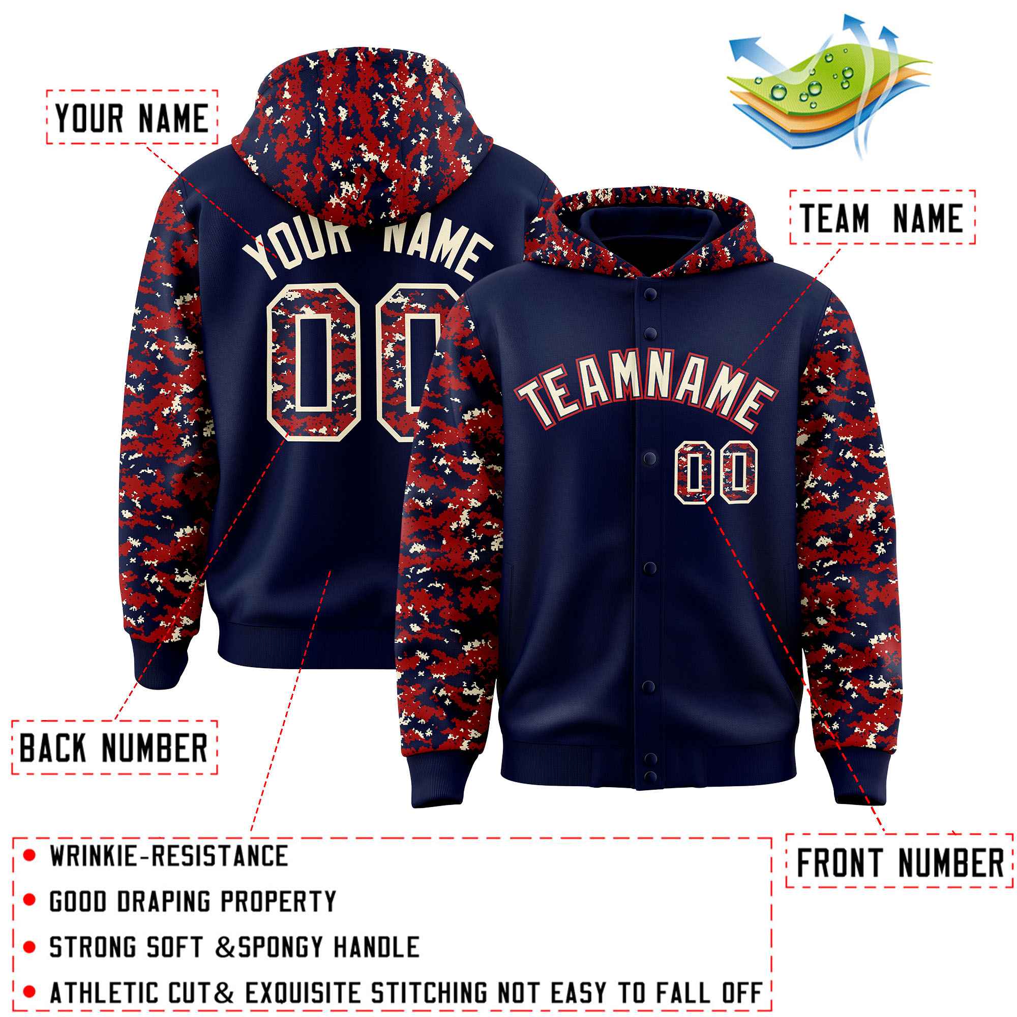 Custom Navy Red-Cream Raglan Sleeves Varsity Full-Snap Letterman Camo Jacket Hoodie| KXKSHOP