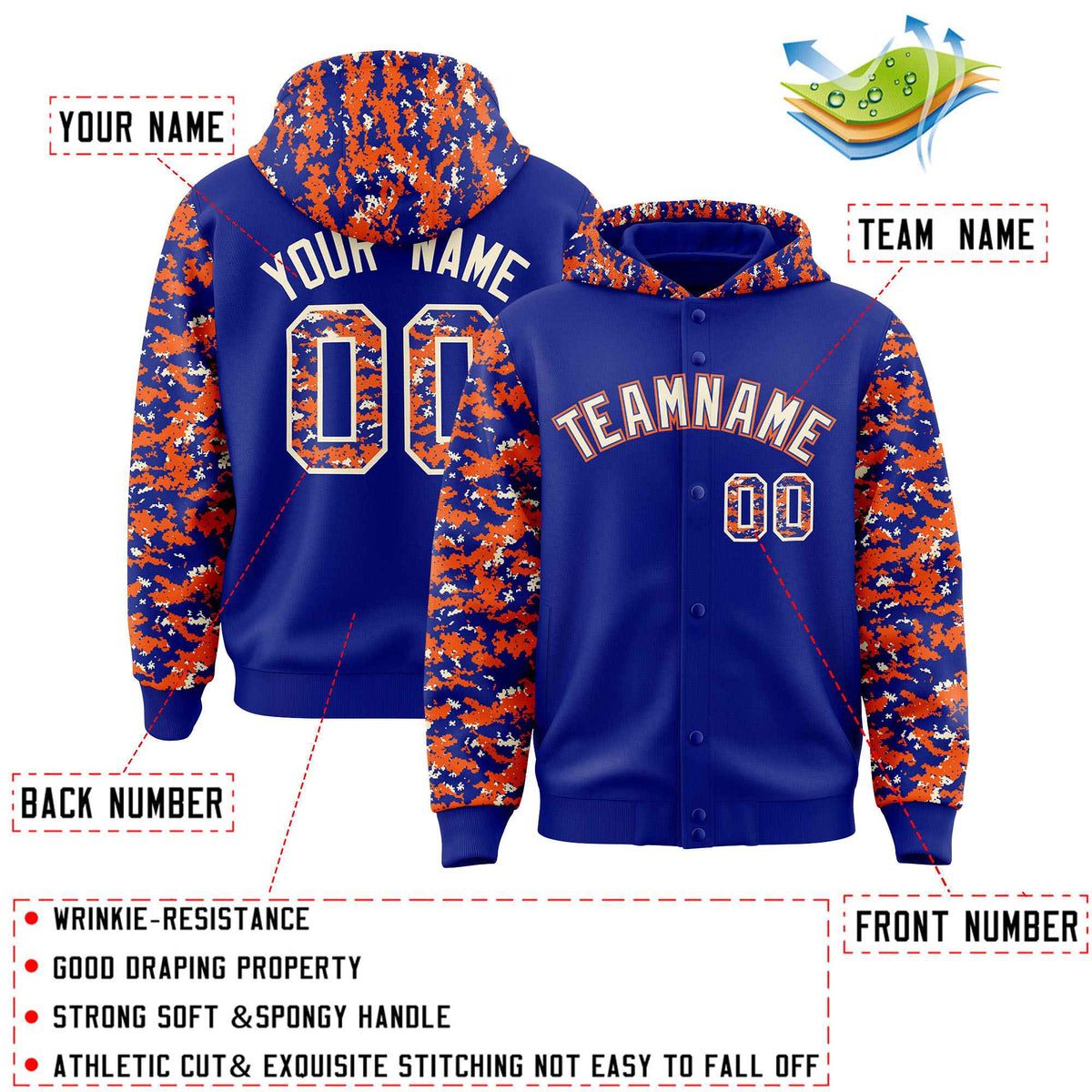 Custom Royal Orange-Cream Raglan Sleeves Varsity Full-Snap Letterman Camo Jacket Hoodie| KXKSHOP