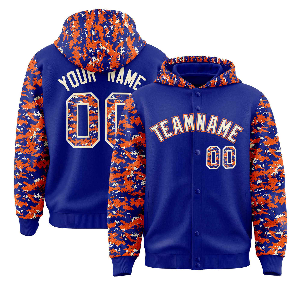 Custom Royal Orange-Cream Raglan Sleeves Varsity Full-Snap Letterman Camo Jacket Hoodie| KXKSHOP