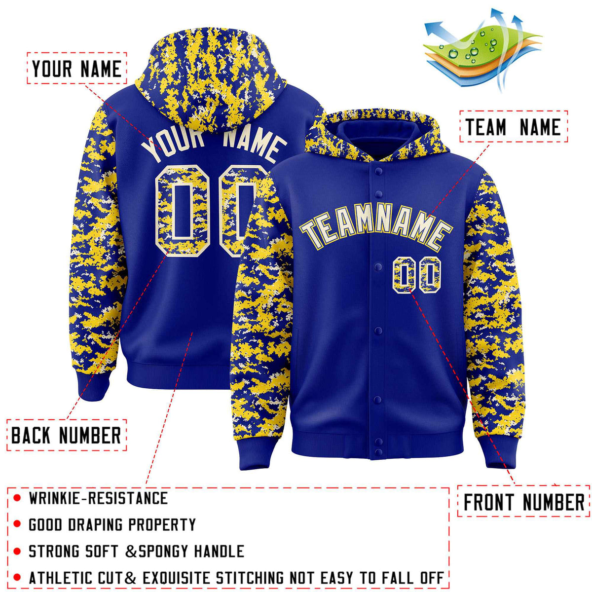 Custom Royal Gold-Cream Raglan Sleeves Varsity Full-Snap Letterman Camo Jacket Hoodie| KXKSHOP