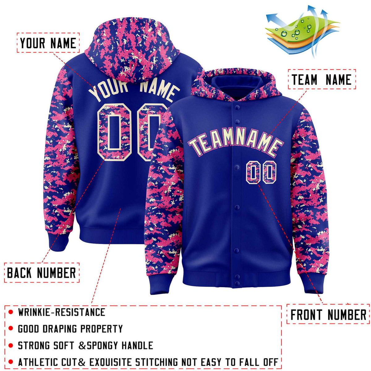 Custom Royal Pink-Cream Raglan Sleeves Varsity Full-Snap Letterman Camo Jacket Hoodie| KXKSHOP