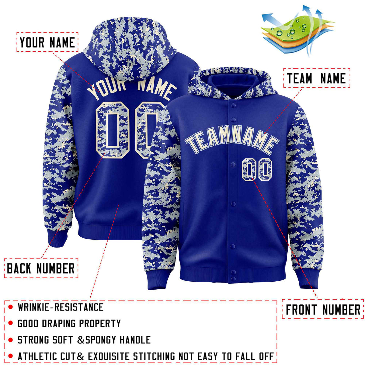Custom Royal Silver-Cream Raglan Sleeves Varsity Full-Snap Letterman Camo Jacket Hoodie| KXKSHOP