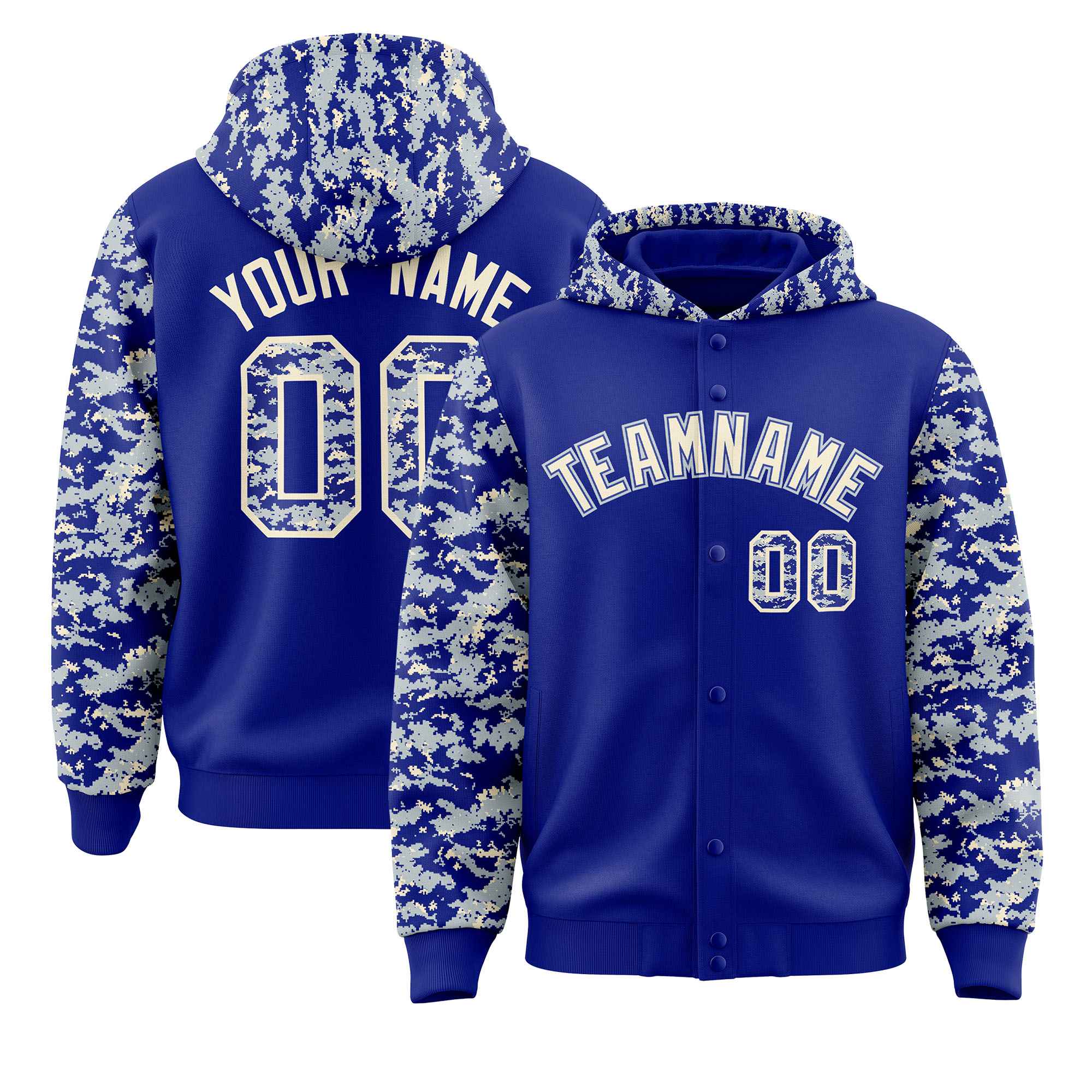 Custom Royal Silver-Cream Raglan Sleeves Varsity Full-Snap Letterman Camo Jacket Hoodie| KXKSHOP