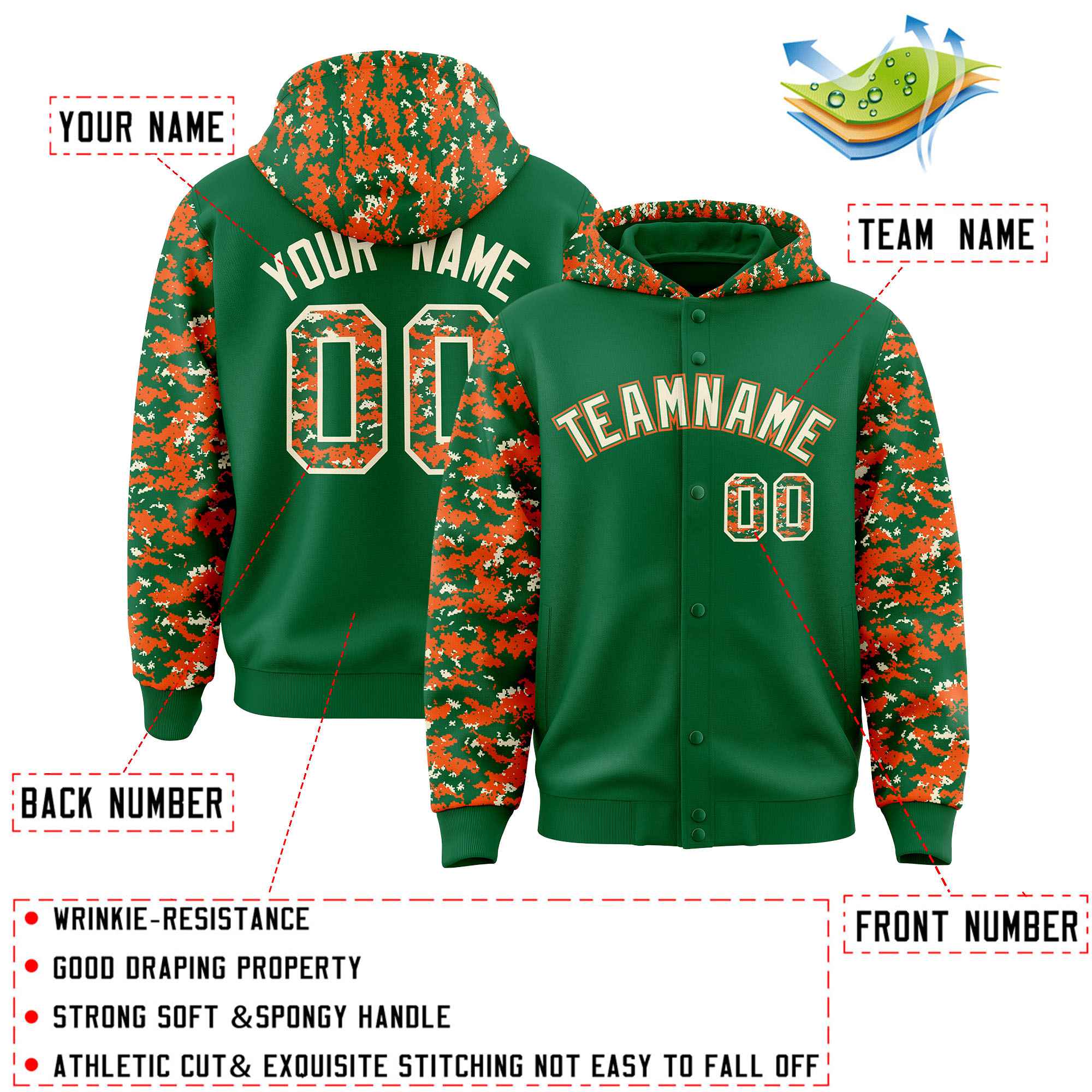 Custom Kelly Green Orange-Cream Raglan Sleeves Varsity Full-Snap Letterman Camo Jacket Hoodie| KXKSHOP