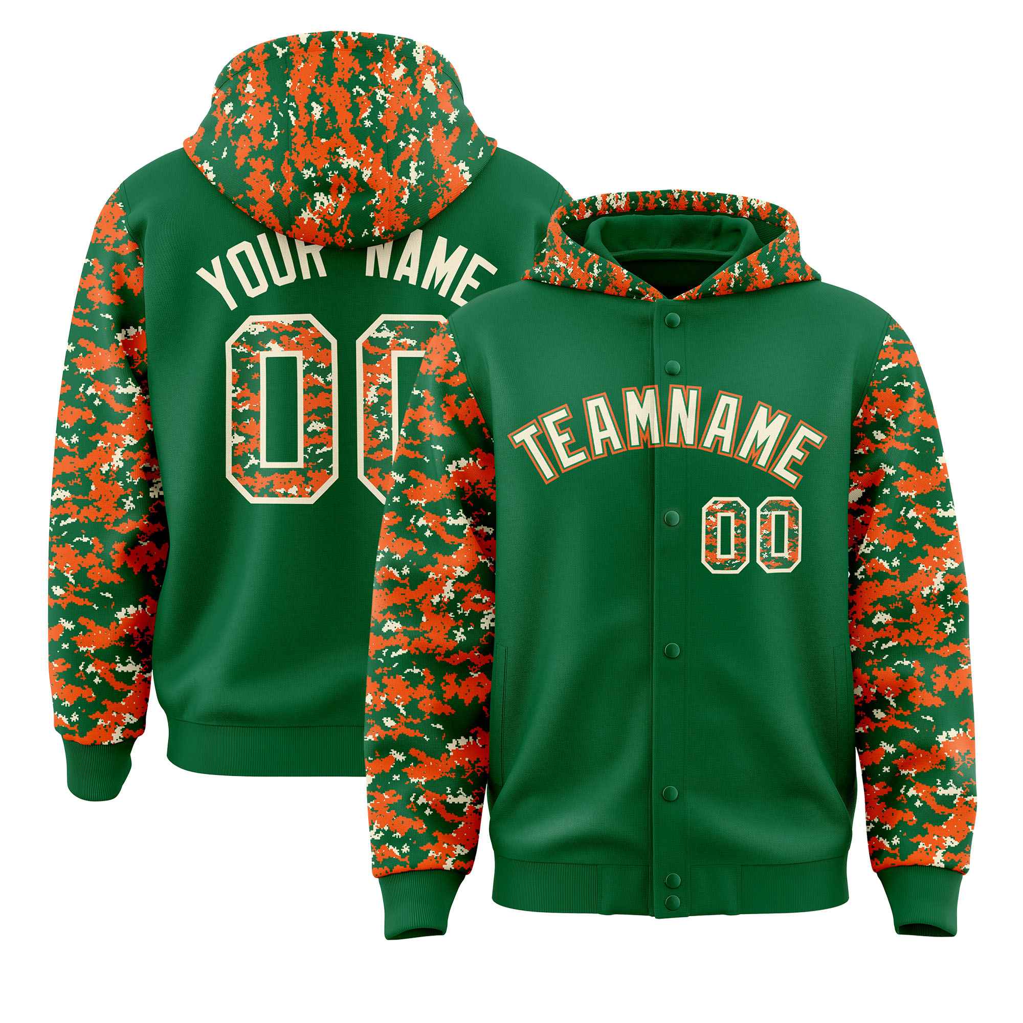 Custom Kelly Green Orange-Cream Raglan Sleeves Varsity Full-Snap Letterman Camo Jacket Hoodie| KXKSHOP