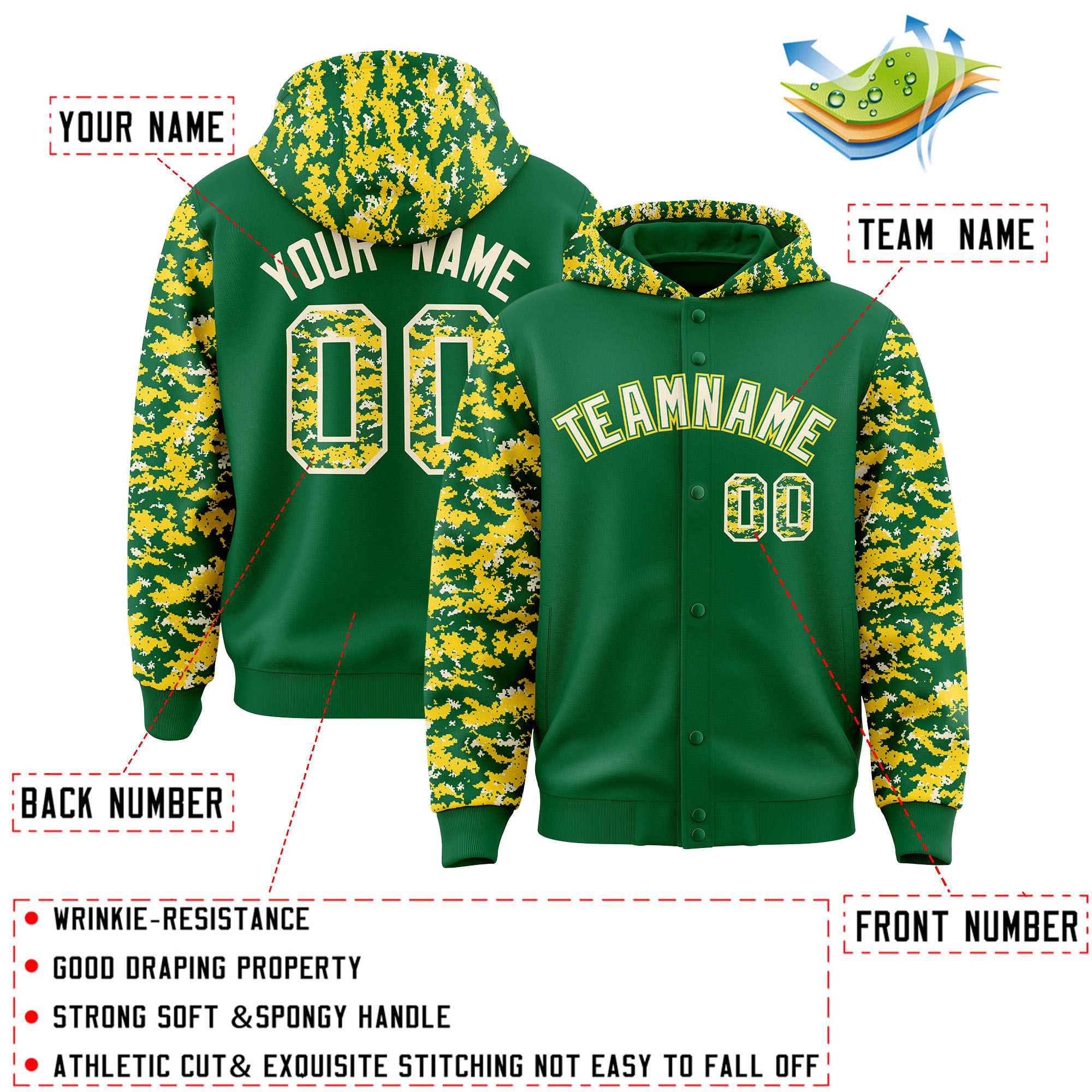 Custom Kelly Green Gold-Cream Raglan Sleeves Varsity Full-Snap Letterman Camo Jacket Hoodie| KXKSHOP