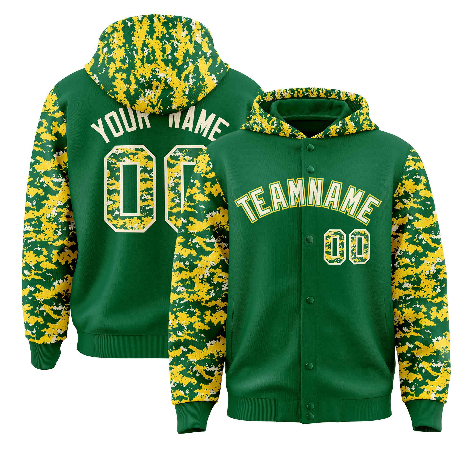Custom Kelly Green Gold-Cream Raglan Sleeves Varsity Full-Snap Letterman Camo Jacket Hoodie| KXKSHOP