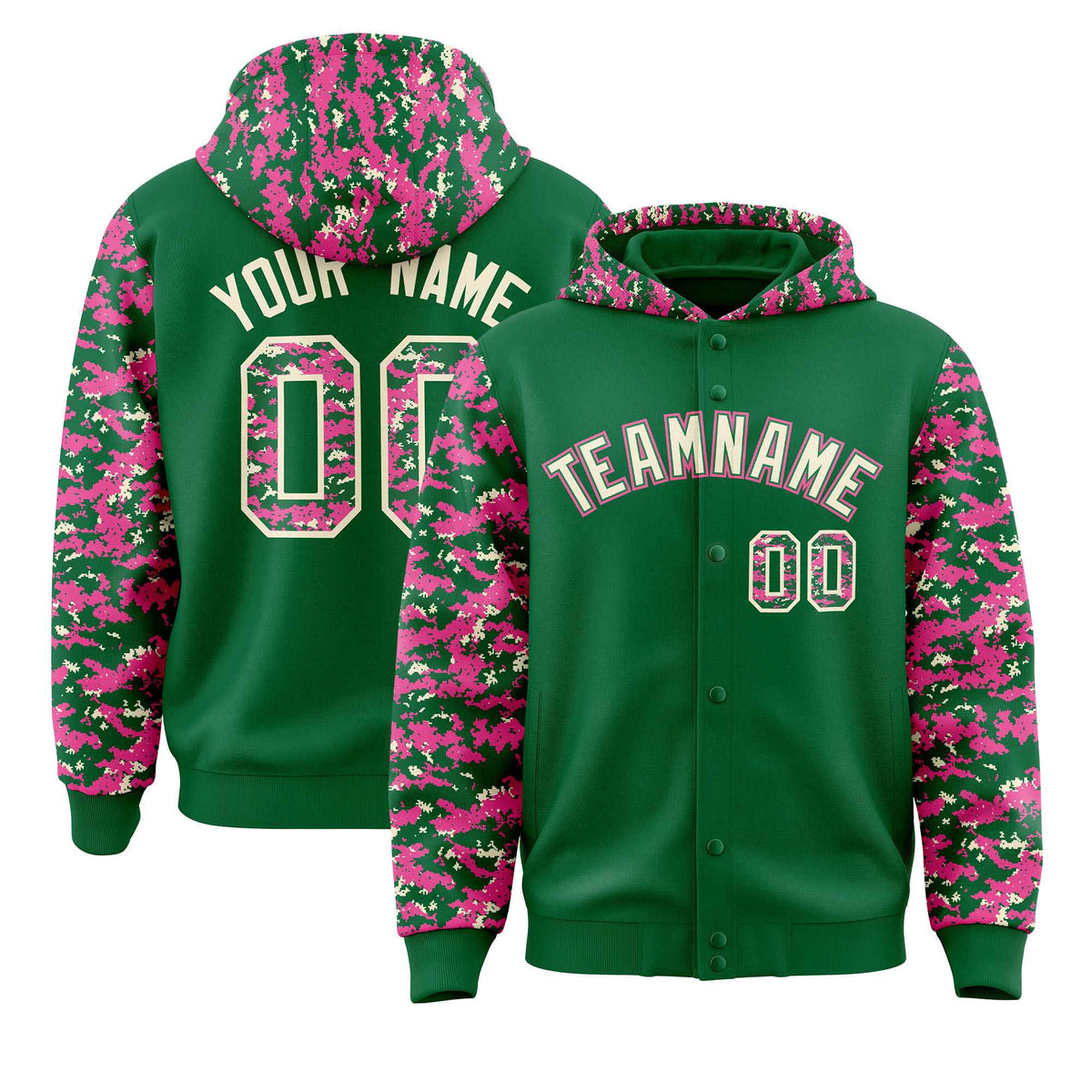 Custom Kelly Green Pink-Cream Raglan Sleeves Varsity Full-Snap Letterman Camo Jacket Hoodie| KXKSHOP