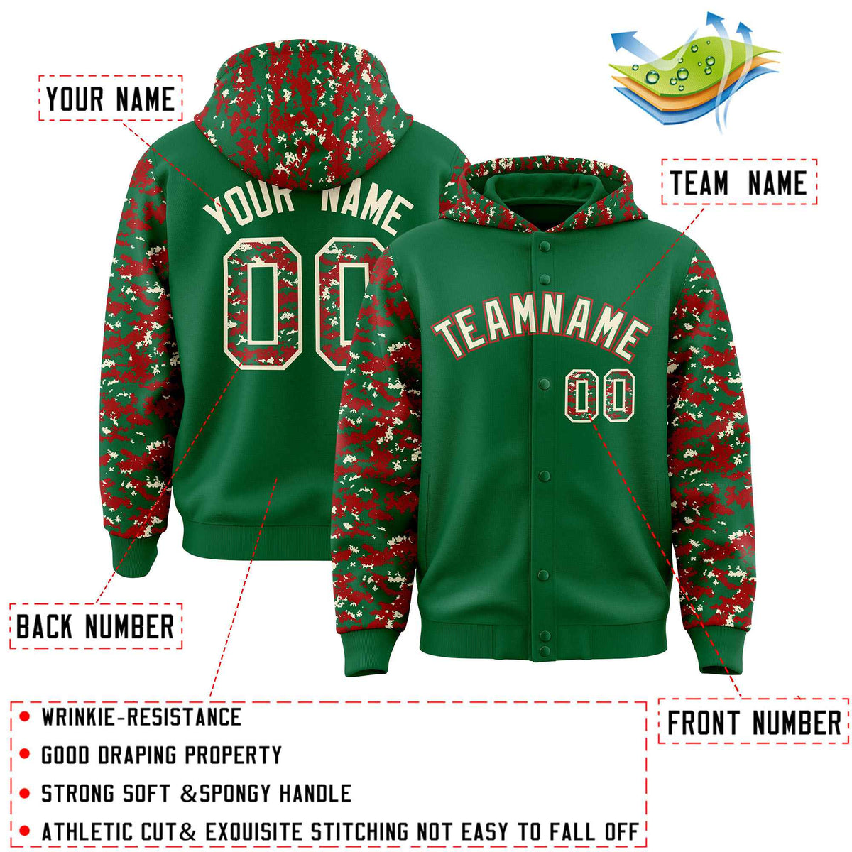 Custom Kelly Green Red-Cream Raglan Sleeves Varsity Full-Snap Letterman Camo Jacket Hoodie| KXKSHOP