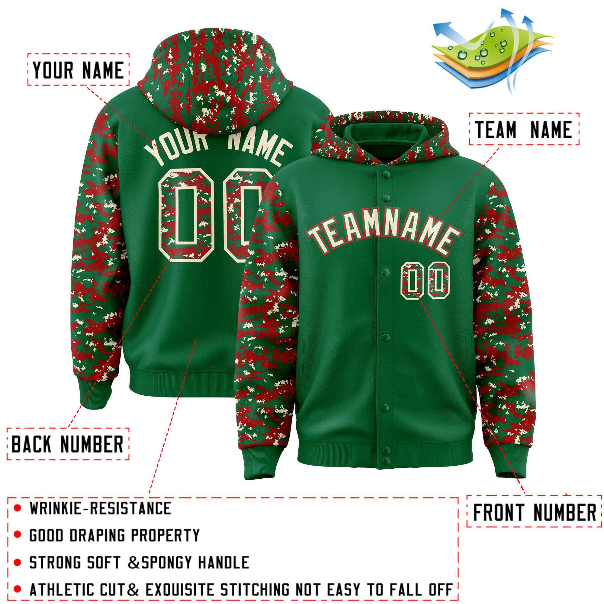 Custom Kelly Green Red-Cream Raglan Sleeves Varsity Full-Snap Letterman Camo Jacket Hoodie| KXKSHOP