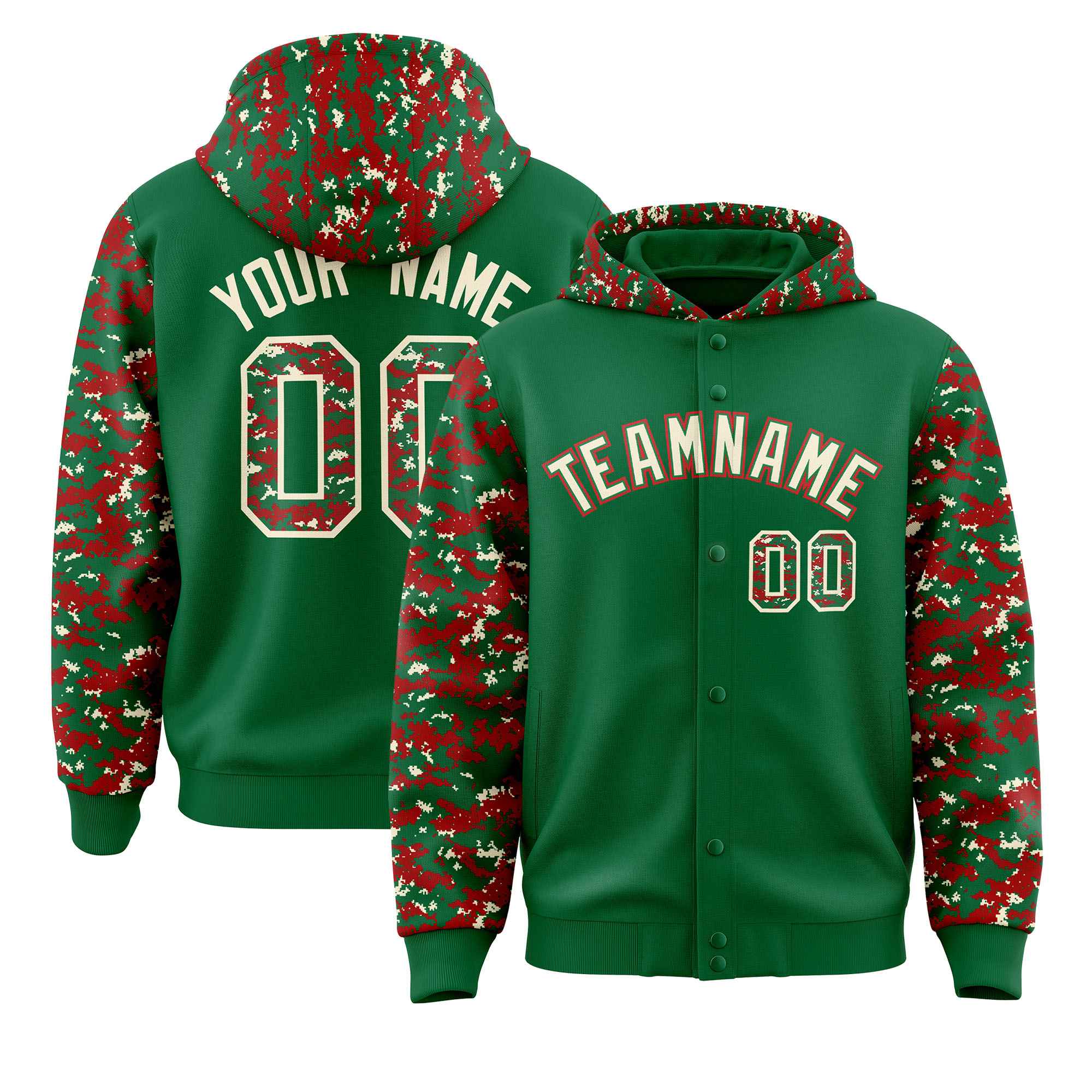 Custom Kelly Green Red-Cream Raglan Sleeves Varsity Full-Snap Letterman Camo Jacket Hoodie| KXKSHOP