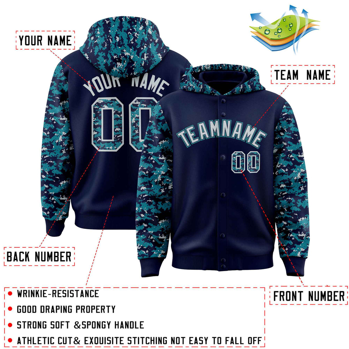 Custom Navy Aqua-Silver Raglan Sleeves Varsity Full-Snap Letterman Camo Jacket Hoodie| KXKSHOP