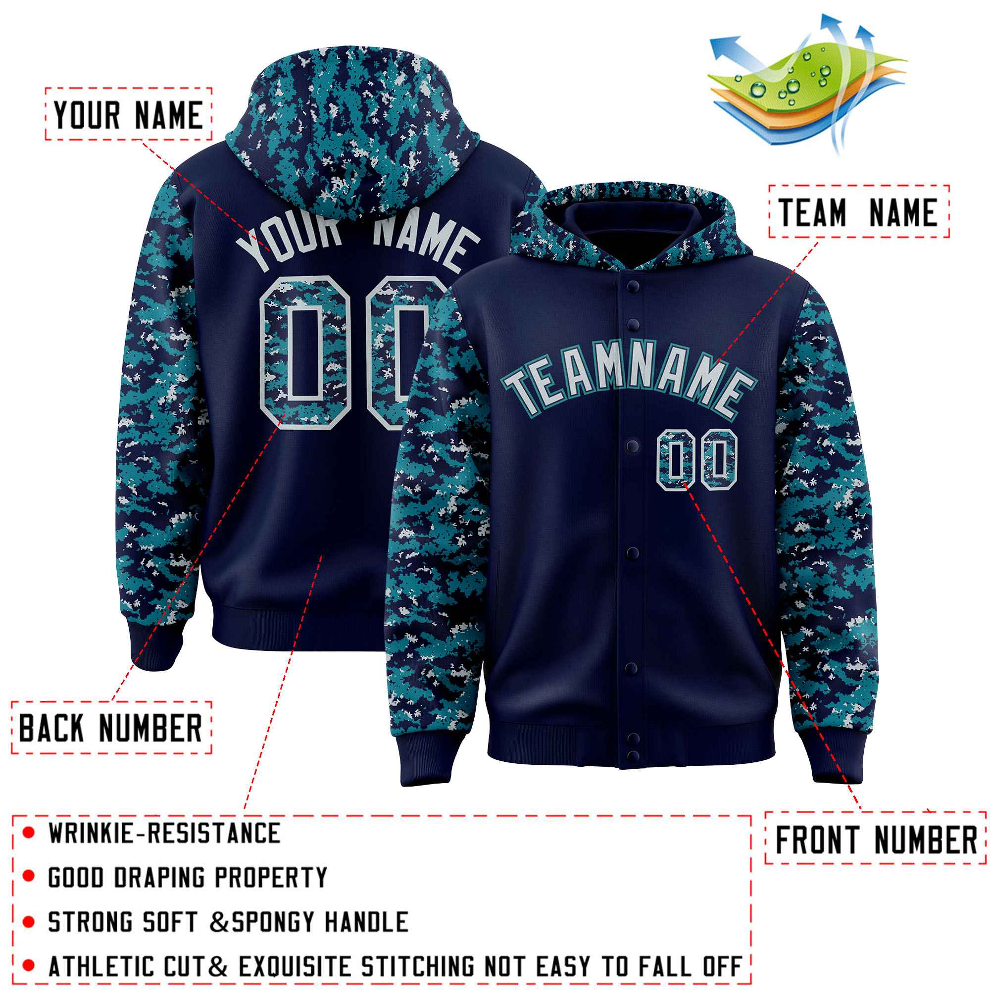 Custom Navy Aqua-Silver Raglan Sleeves Varsity Full-Snap Letterman Camo Jacket Hoodie| KXKSHOP