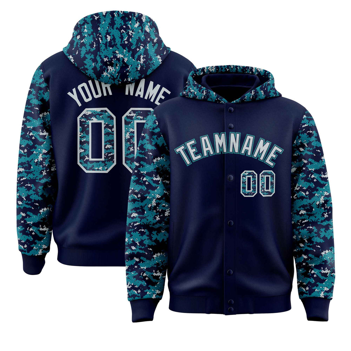 Custom Navy Aqua-Silver Raglan Sleeves Varsity Full-Snap Letterman Camo Jacket Hoodie| KXKSHOP