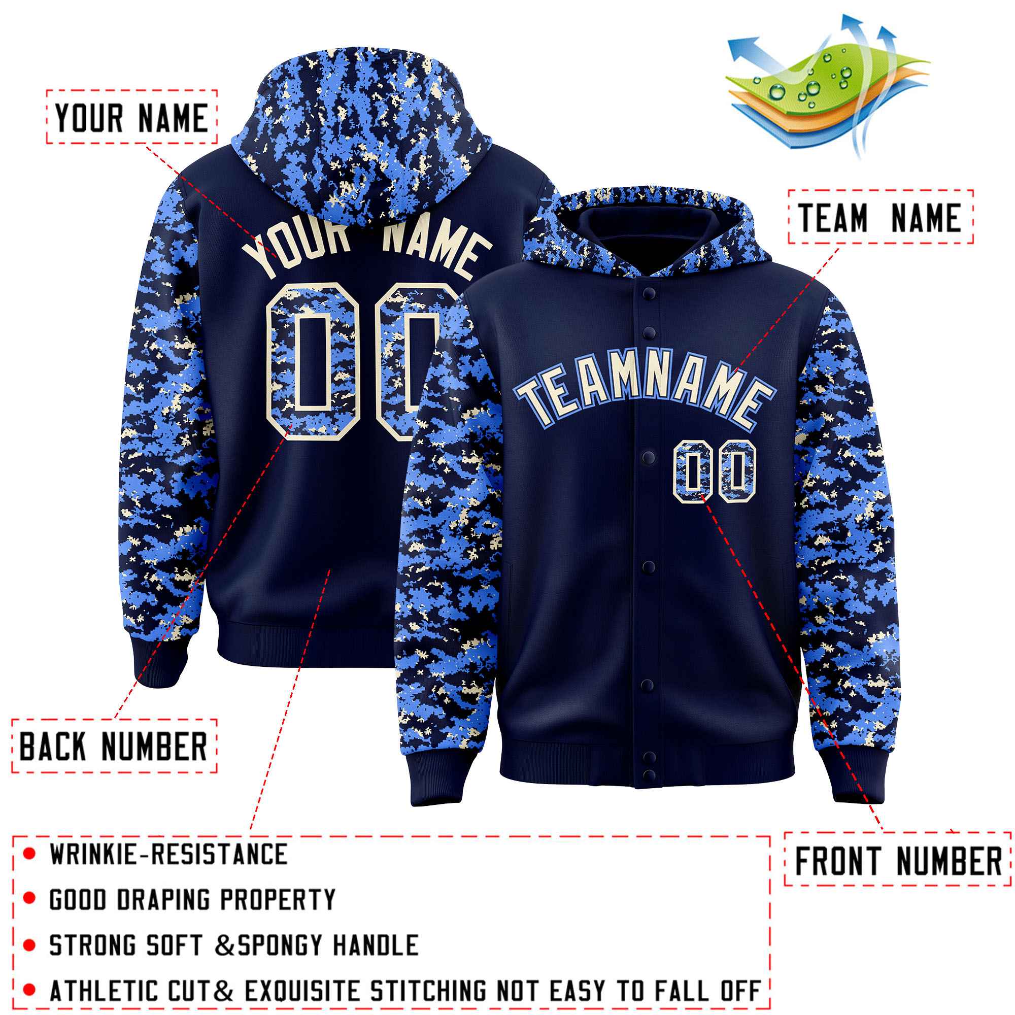 Custom Navy Powder Blue-Cream Raglan Sleeves Varsity Full-Snap Letterman Camo Jacket Hoodie| KXKSHOP
