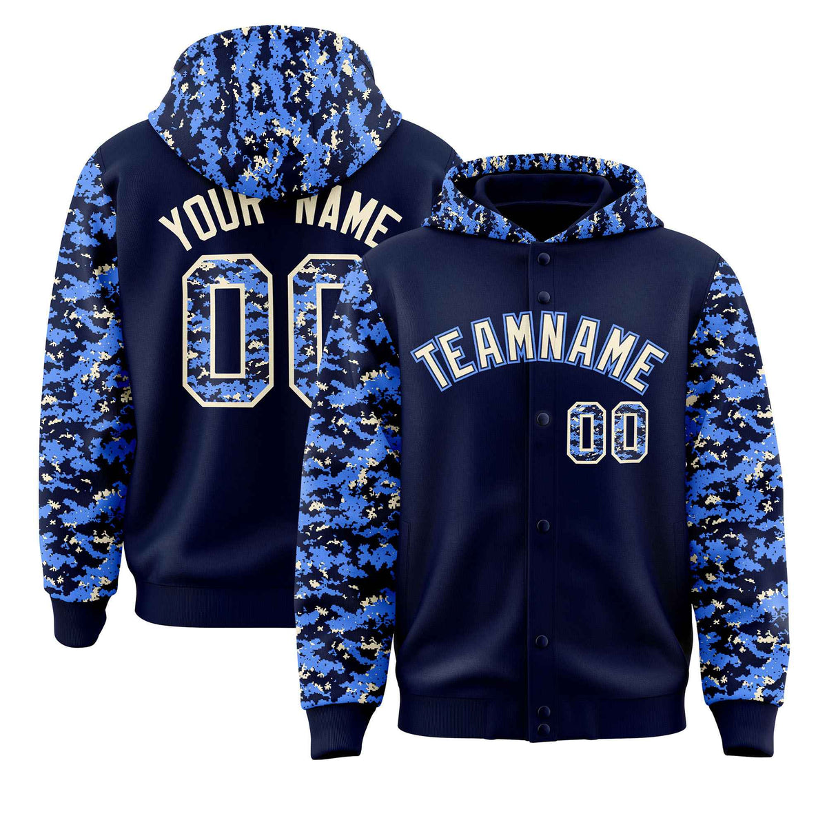 Custom Navy Powder Blue-Cream Raglan Sleeves Varsity Full-Snap Letterman Camo Jacket Hoodie| KXKSHOP