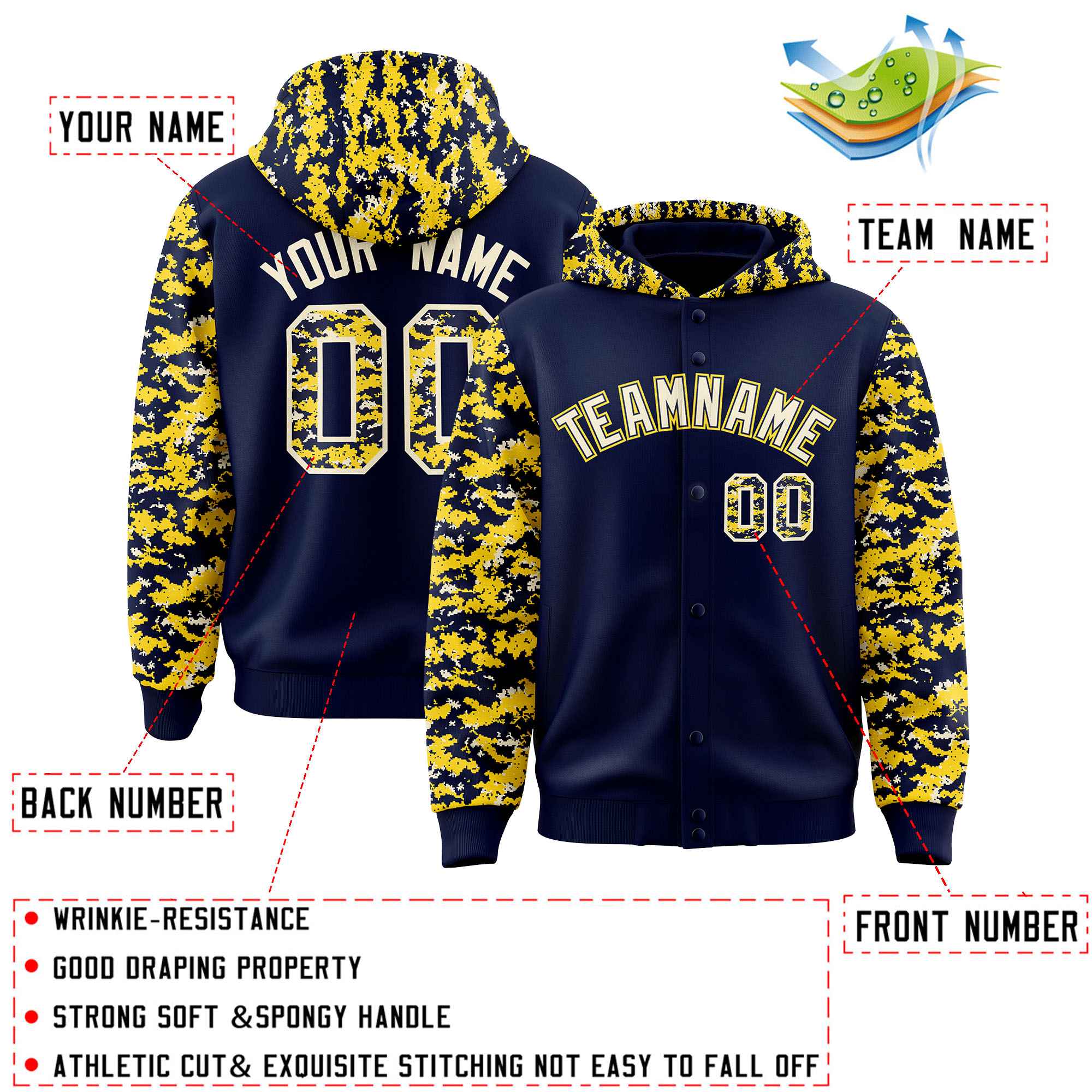 Custom Navy Gold-Cream Raglan Sleeves Varsity Full-Snap Letterman Camo Jacket Hoodie| KXKSHOP