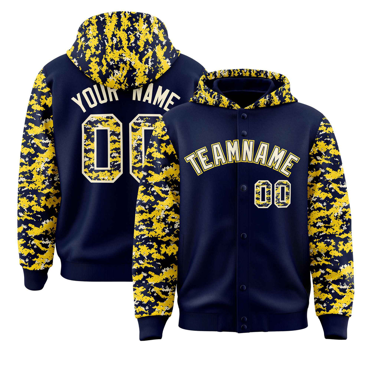 Custom Navy Gold-Cream Raglan Sleeves Varsity Full-Snap Letterman Camo Jacket Hoodie| KXKSHOP