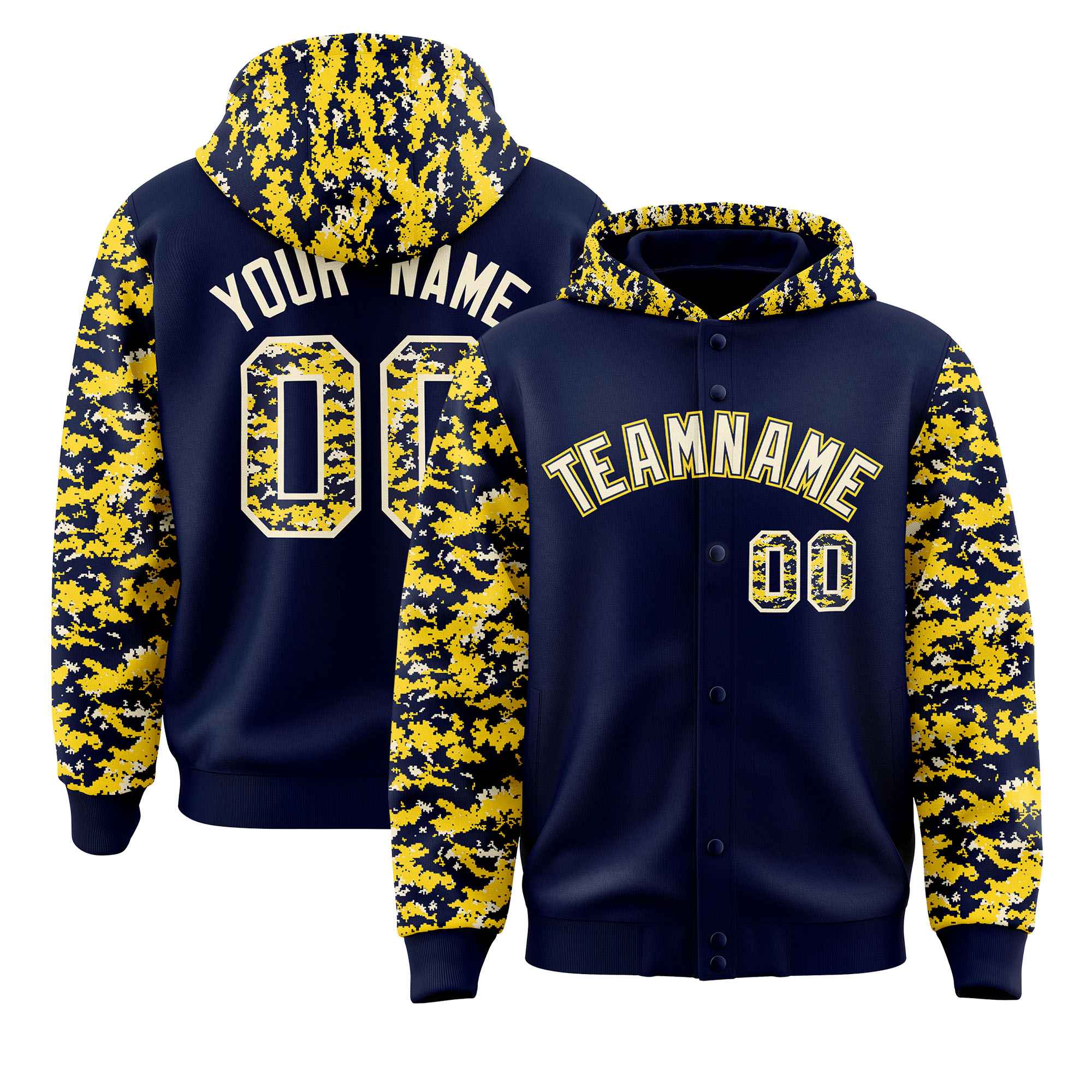 Custom Navy Gold-Cream Raglan Sleeves Varsity Full-Snap Letterman Camo Jacket Hoodie| KXKSHOP