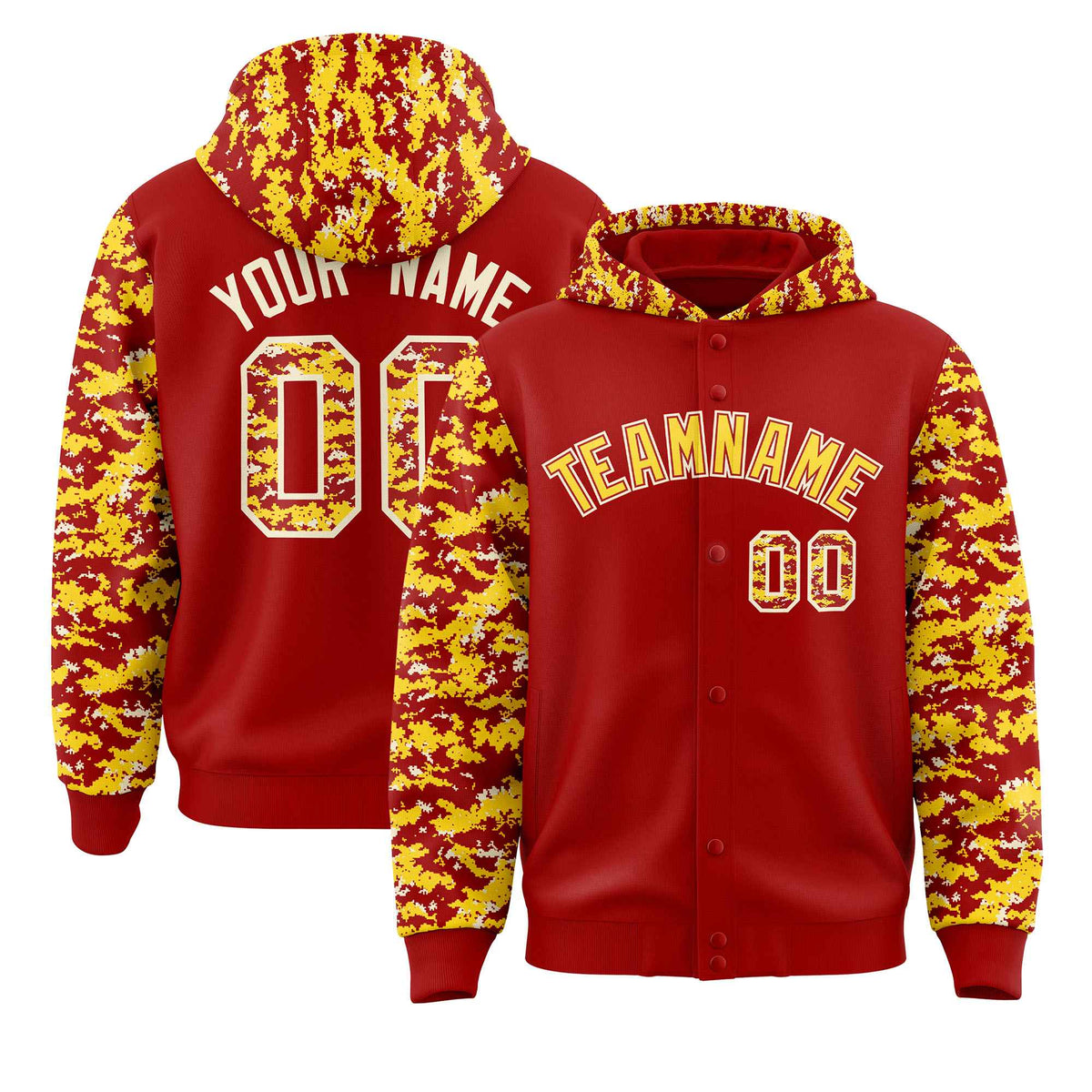 Custom Red Gold-Cream Raglan Sleeves Varsity Full-Snap Letterman Camo Jacket Hoodie| KXKSHOP