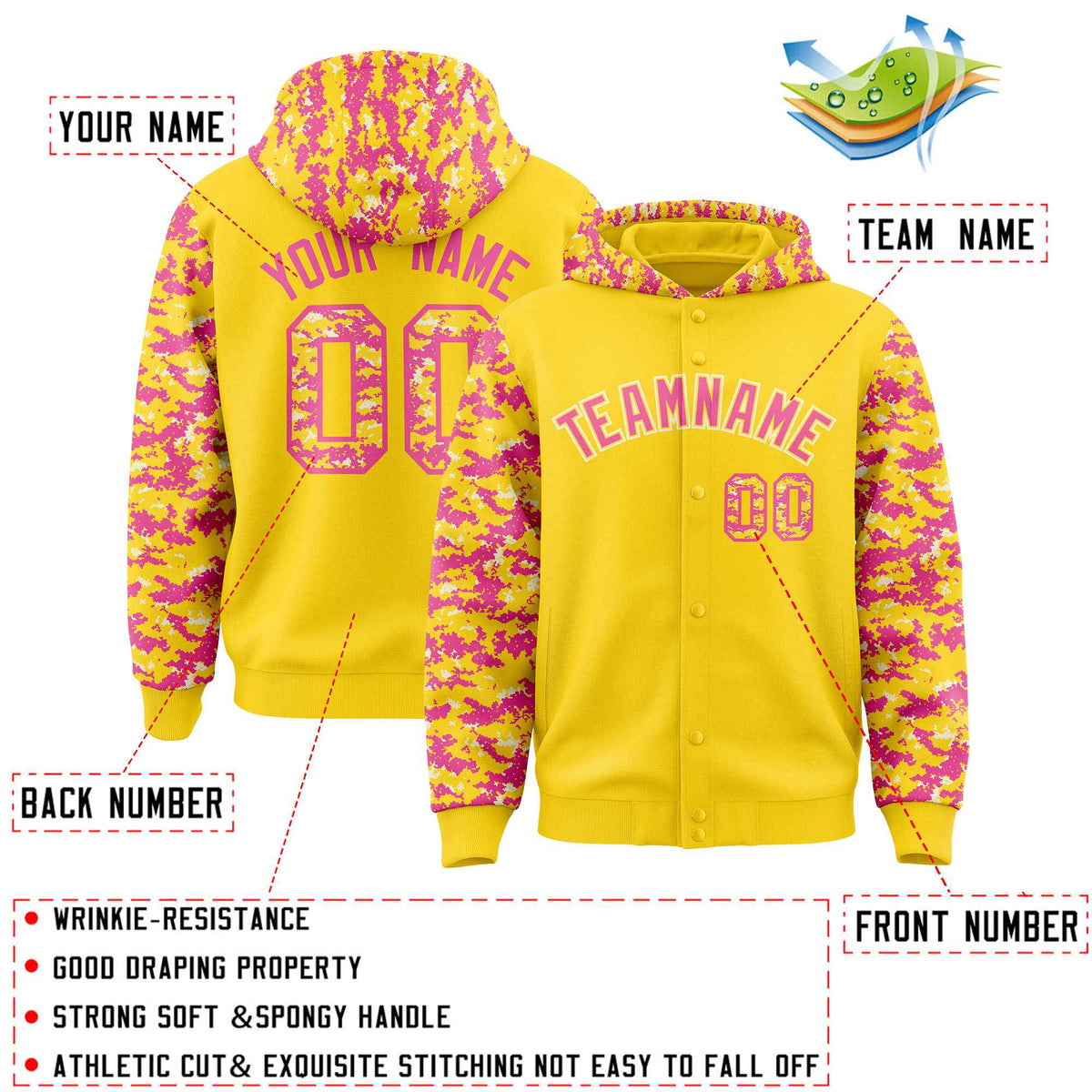 Custom Gold Pink-Cream Raglan Sleeves Varsity Full-Snap Letterman Camo Jacket Hoodie| KXKSHOP