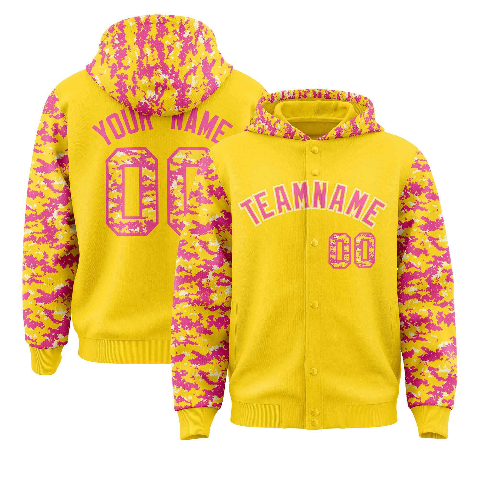 Custom Gold Pink-Cream Raglan Sleeves Varsity Full-Snap Letterman Camo Jacket Hoodie| KXKSHOP