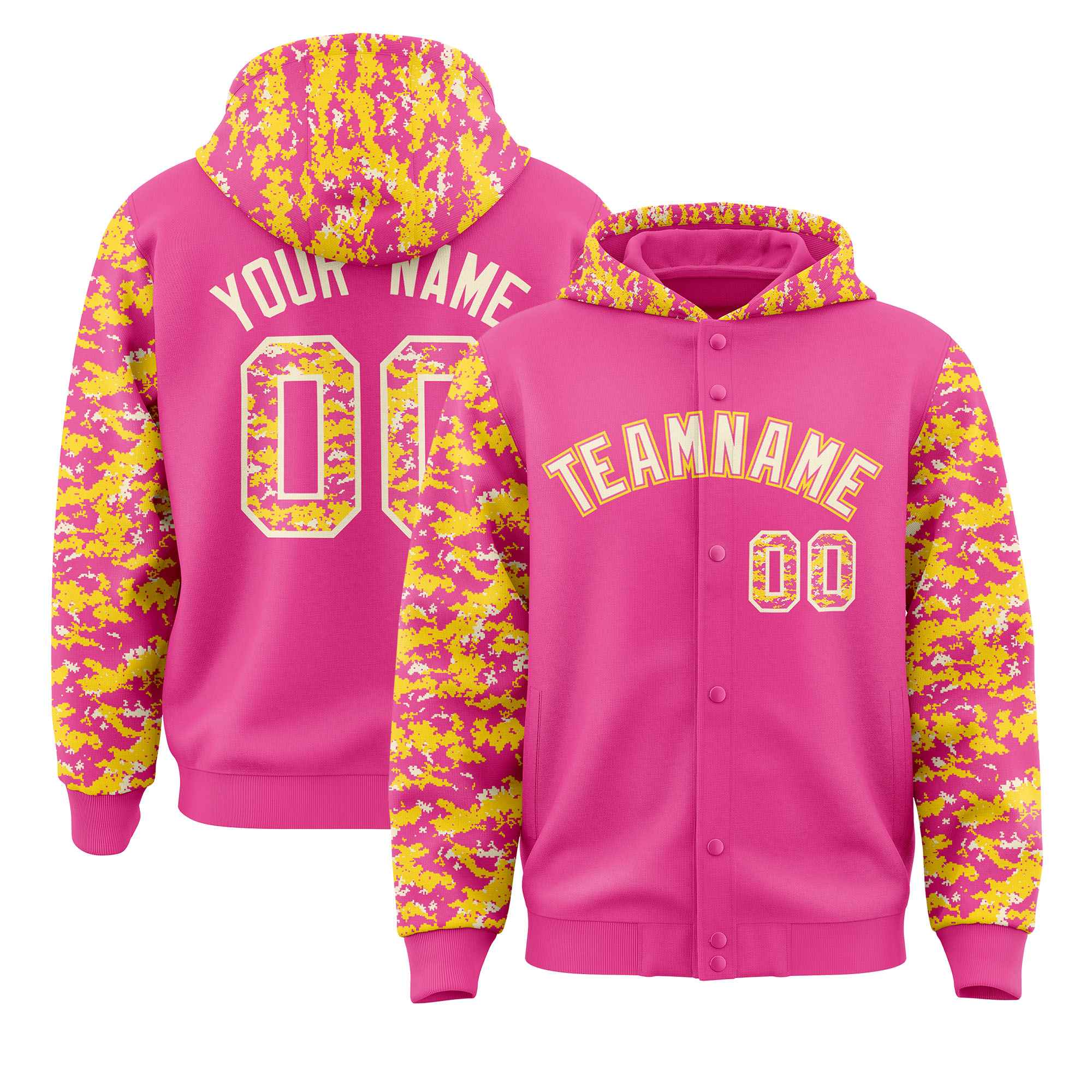 Custom Pink Gold-Cream Raglan Sleeves Varsity Full-Snap Letterman Camo Jacket Hoodie| KXKSHOP