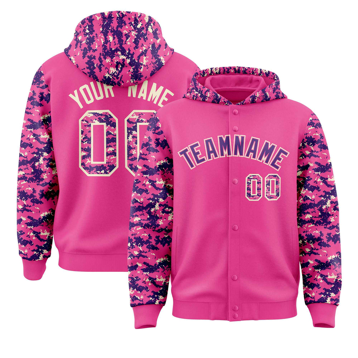 Custom Pink Purple-Cream Raglan Sleeves Varsity Full-Snap Letterman Camo Jacket Hoodie| KXKSHOP