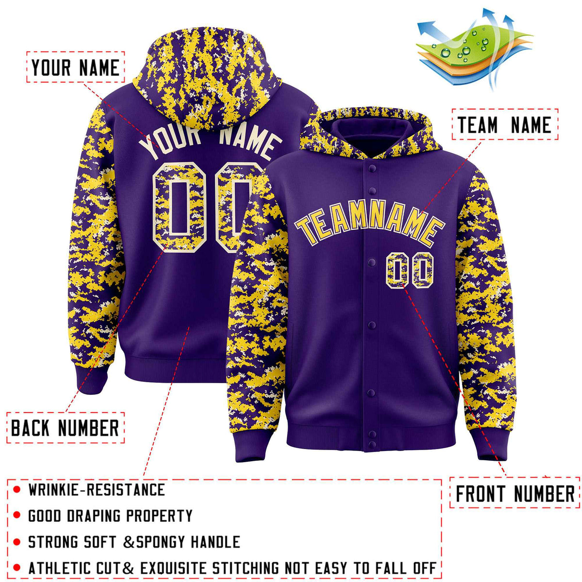 Custom Purple Gold-Cream Raglan Sleeves Varsity Full-Snap Letterman Camo Jacket Hoodie| KXKSHOP