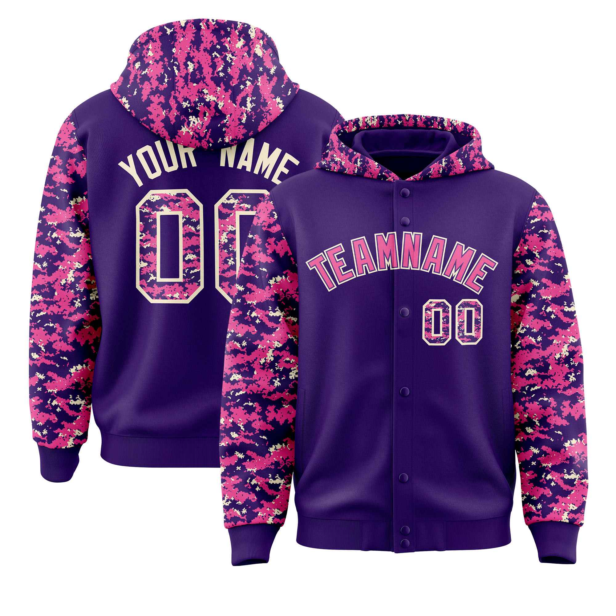 Custom Purple Pink-Cream Raglan Sleeves Varsity Full-Snap Letterman Camo Jacket Hoodie| KXKSHOP