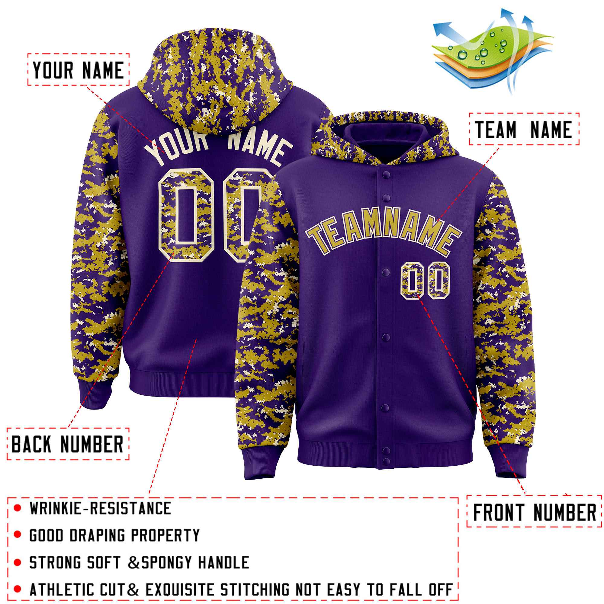 Custom Purple Old Gold-Cream Raglan Sleeves Varsity Full-Snap Letterman Camo Jacket Hoodie| KXKSHOP