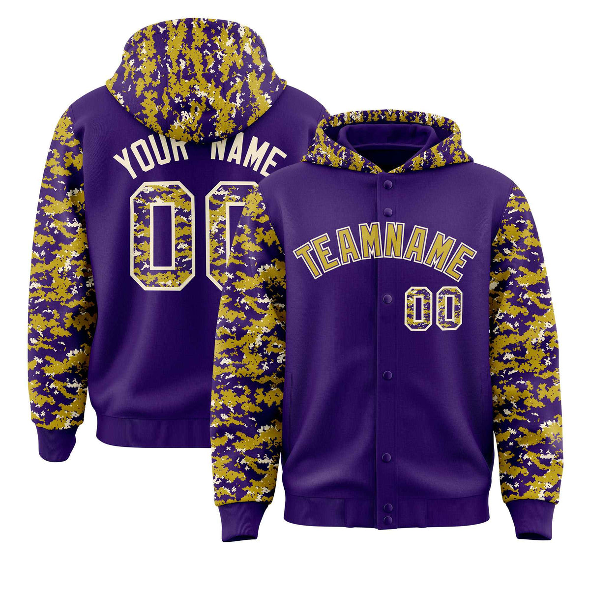 Custom Purple Old Gold-Cream Raglan Sleeves Varsity Full-Snap Letterman Camo Jacket Hoodie| KXKSHOP