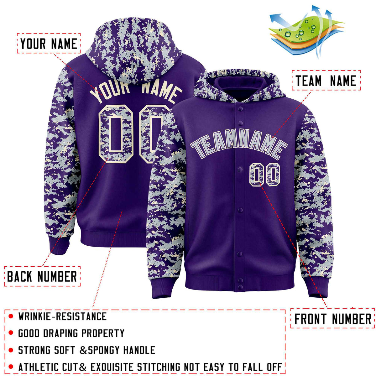 Custom Purple Silver-Cream Raglan Sleeves Varsity Full-Snap Letterman Camo Jacket Hoodie| KXKSHOP