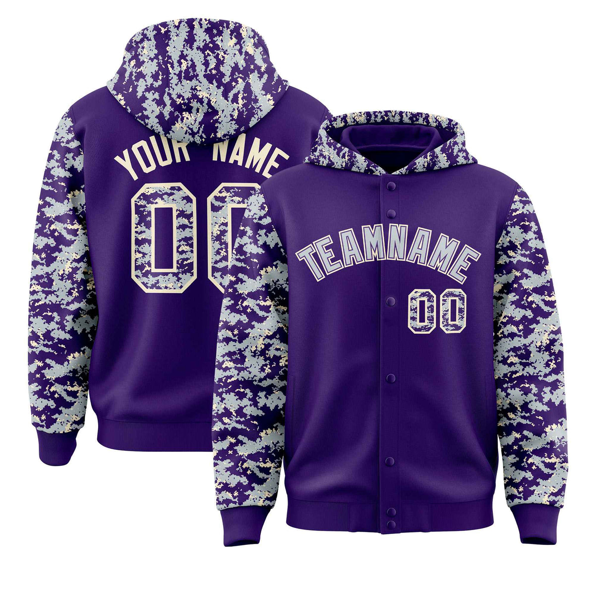 Custom Purple Silver-Cream Raglan Sleeves Varsity Full-Snap Letterman Camo Jacket Hoodie| KXKSHOP