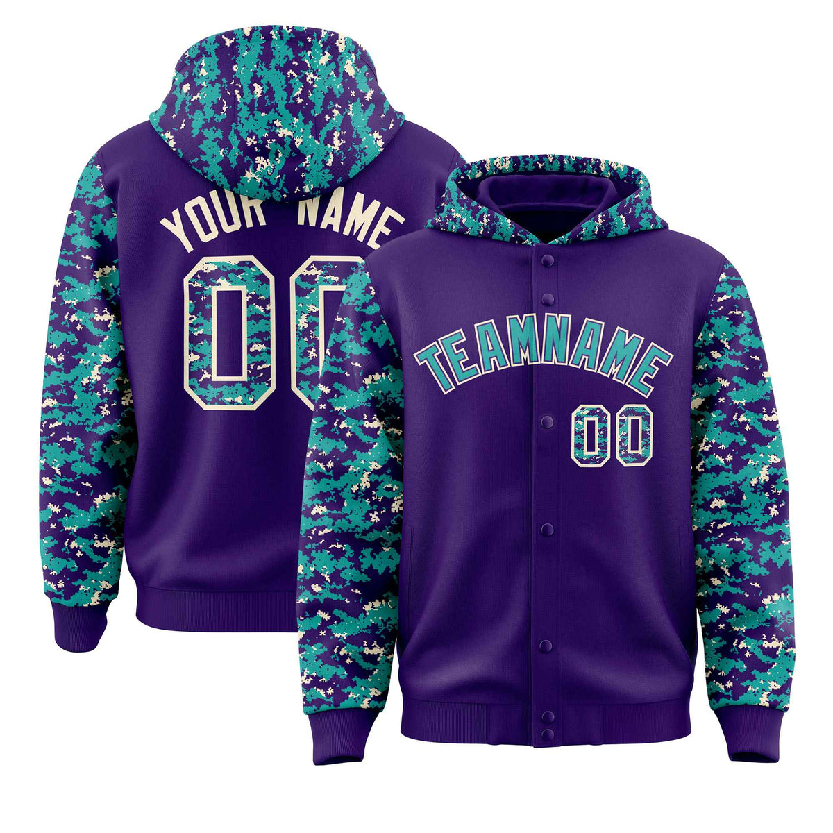 Custom Purple Aqua-Cream Raglan Sleeves Varsity Full-Snap Letterman Camo Jacket Hoodie| KXKSHOP