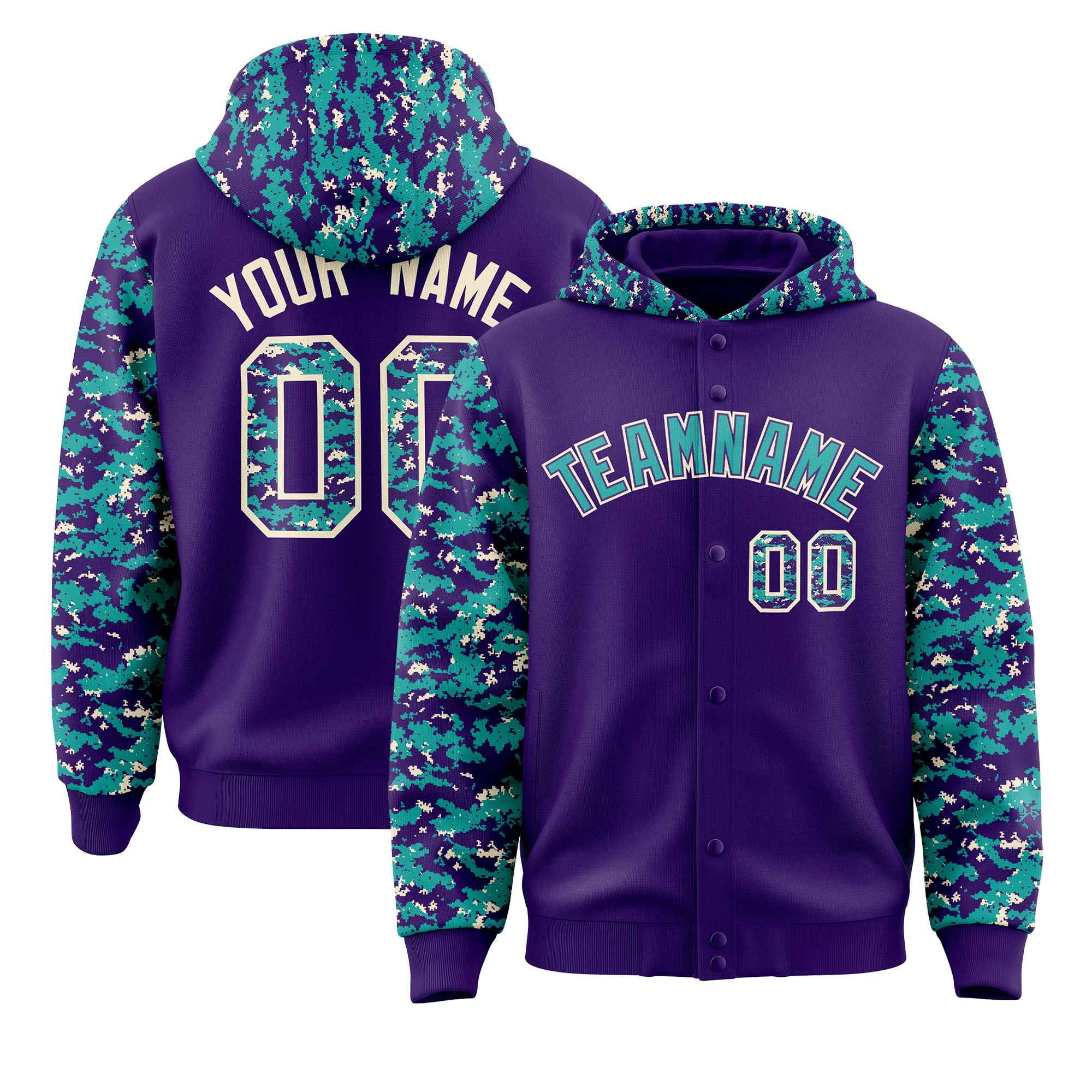 Custom Purple Aqua-Cream Raglan Sleeves Varsity Full-Snap Letterman Camo Jacket Hoodie| KXKSHOP