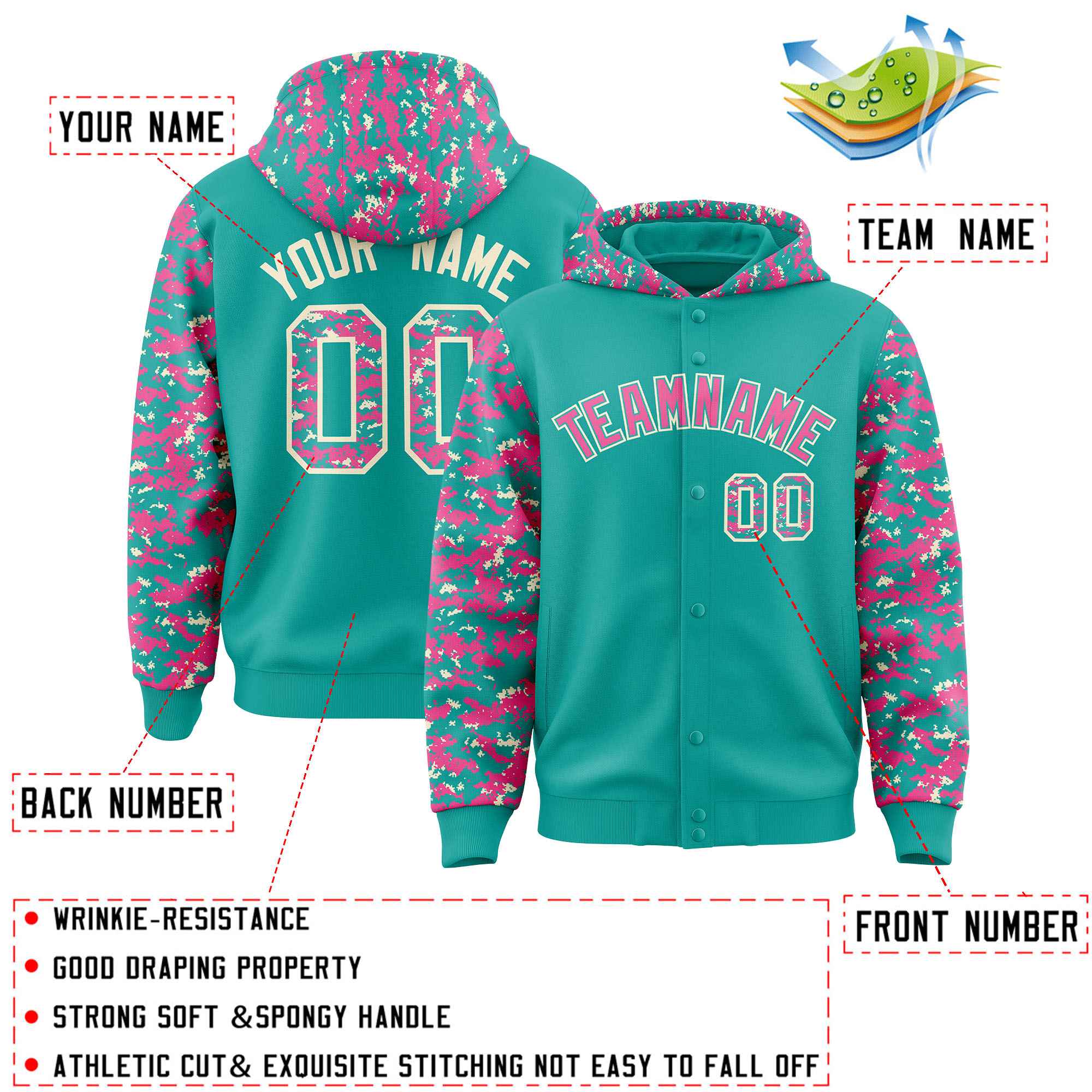 Custom Aqua Pink-Cream Raglan Sleeves Varsity Full-Snap Letterman Camo Jacket Hoodie| KXKSHOP