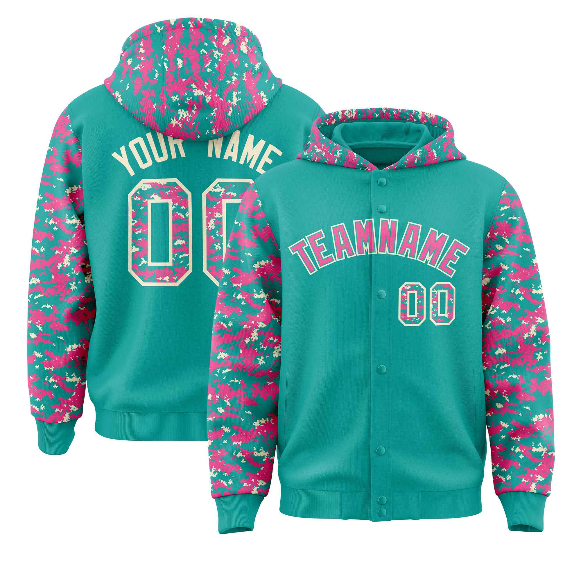 Custom Aqua Pink-Cream Raglan Sleeves Varsity Full-Snap Letterman Camo Jacket Hoodie| KXKSHOP