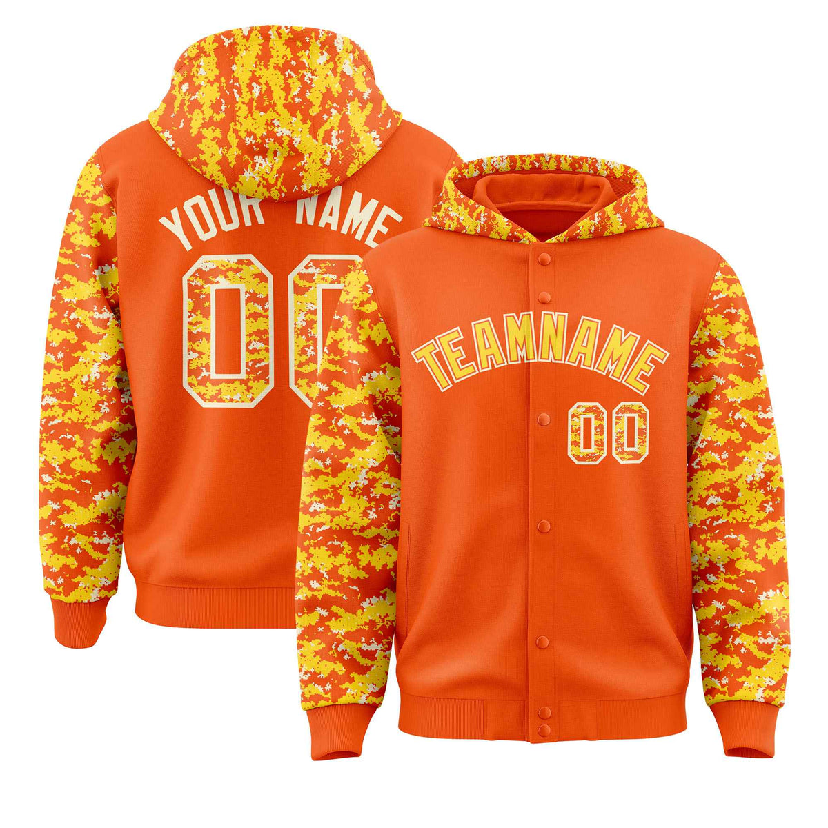 Custom Orange Gold-Cream Raglan Sleeves Varsity Full-Snap Letterman Camo Jacket Hoodie| KXKSHOP
