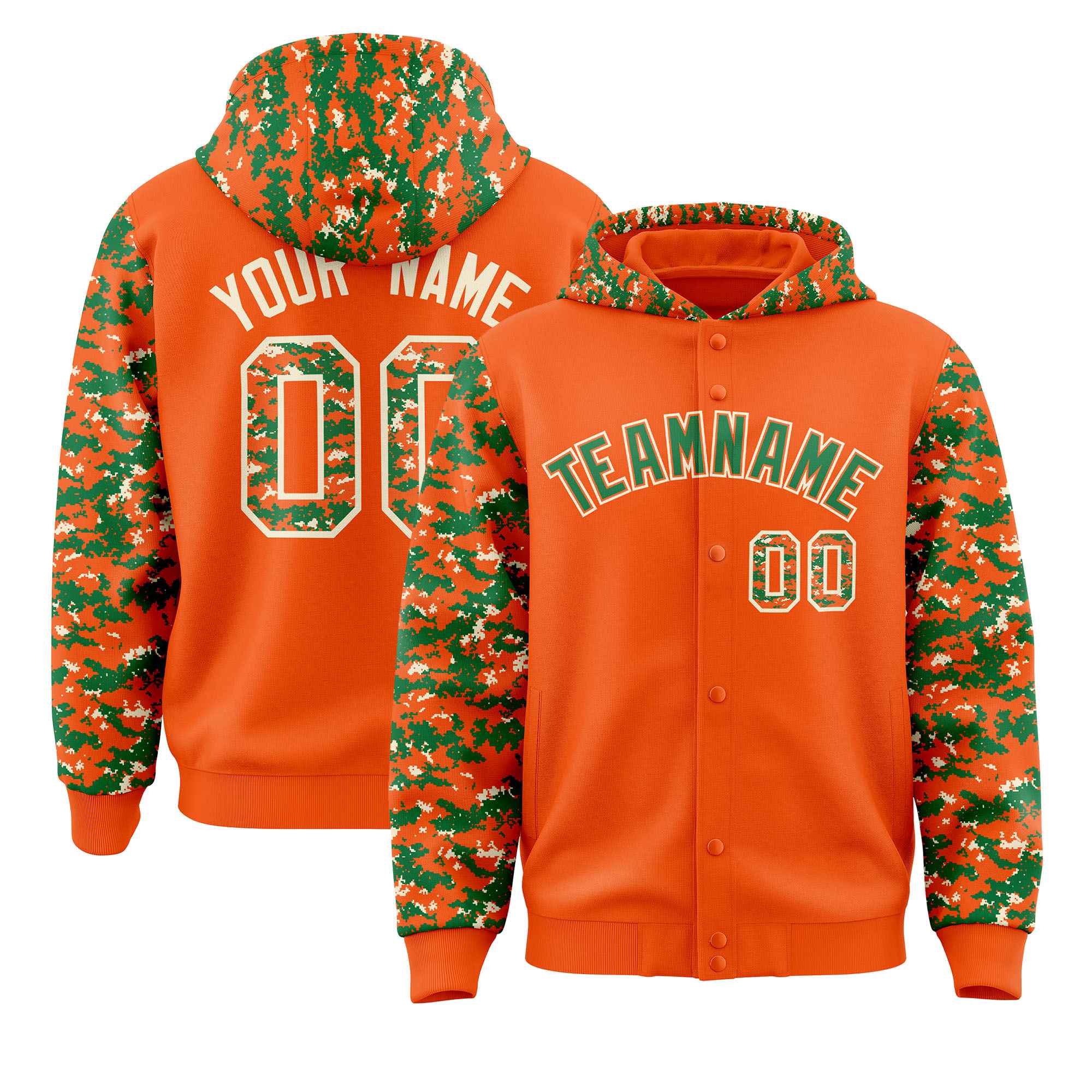 Custom Orange Kelly Green-Cream Raglan Sleeves Varsity Full-Snap Letterman Camo Jacket Hoodie| KXKSHOP