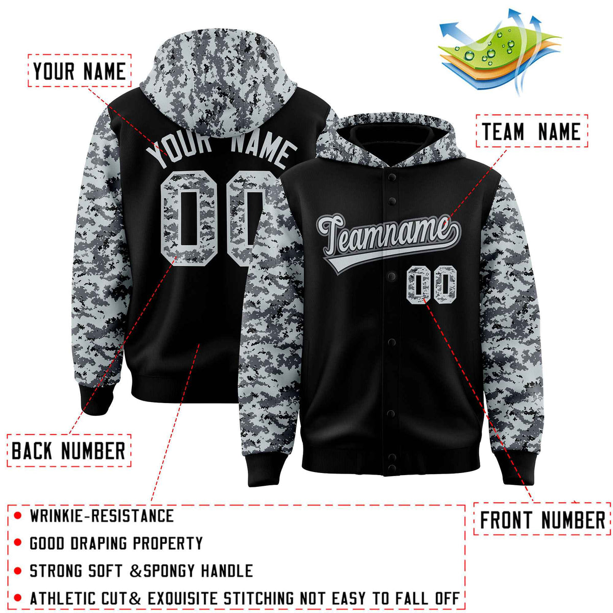 Custom Black Silver-Gray Raglan Sleeves Varsity Full-Snap Letterman Camo Jacket Hoodie| KXKSHOP